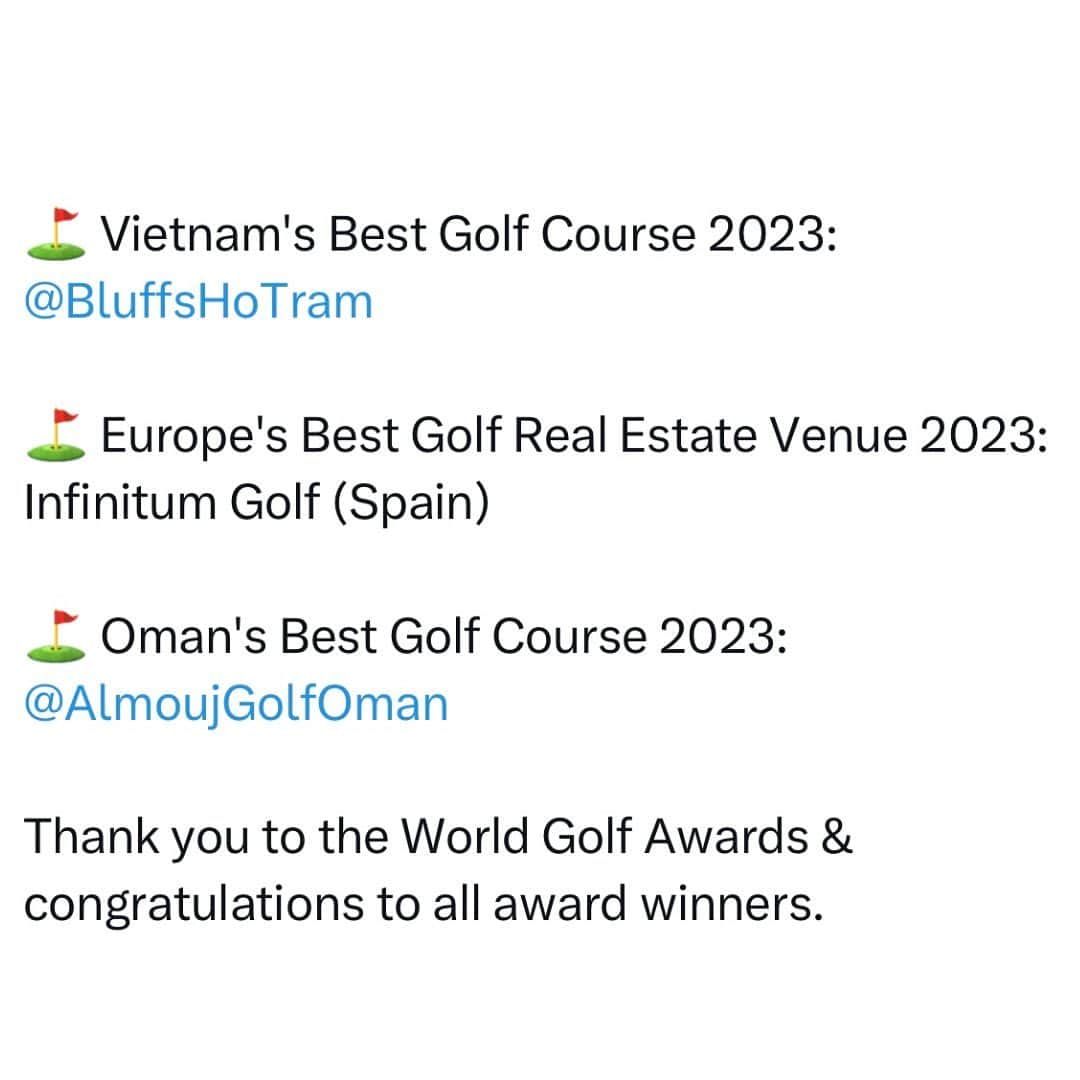 グレグ・ノーマンさんのインスタグラム写真 - (グレグ・ノーマンInstagram)「Ending the 2023 season on a high note receiving multiple honors at the @worldgolfawards for @livgolf_league & our @gngcd courses around the globe.  ⛳️ World’s Best Golf Event of the Year: #LIVGolf Adelaide   🏌️‍♂️ World’s Best Golf Innovation: #LIVGolf  🏌🏼‍♂️ Golf Course Designer of the Year: Greg Norman  ⛳️ Vietnam's Best Golf Course 2023: @thebluffshotram   ⛳️ Europe's Best Golf Real Estate Venue 2023: @infinitumresort   ⛳️ Oman's Best Golf Course 2023: @almoujgolfoman   Thank you to the World Golf Awards & congratulations to all award winners.」10月25日 8時43分 - shark_gregnorman