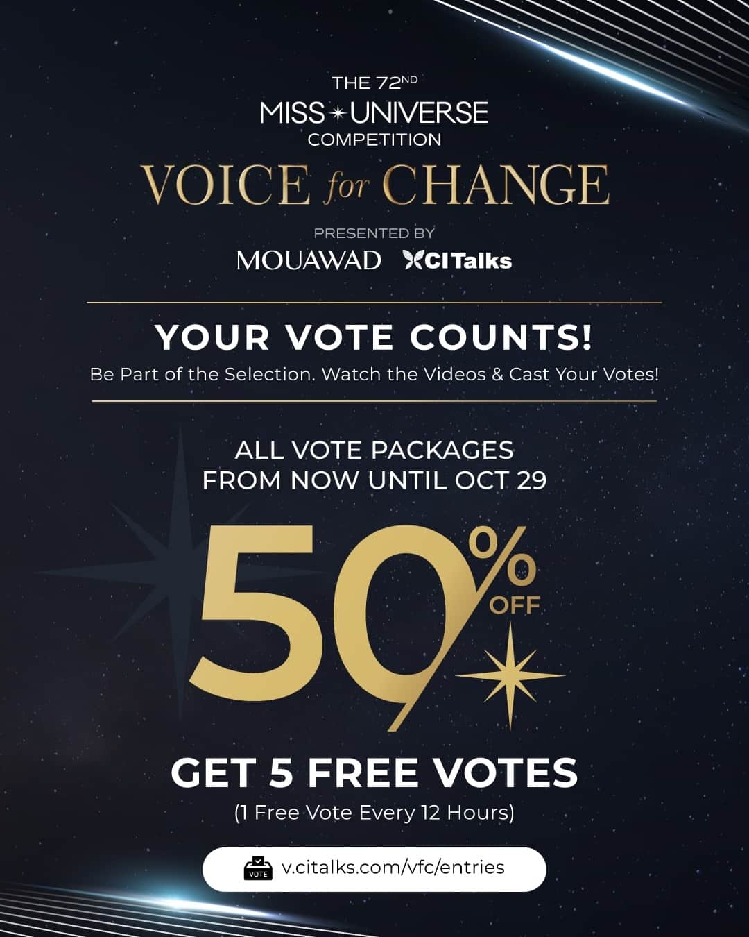 イリス・ミトゥネールのインスタグラム：「Get ready to ignite change with the Miss Universe 2023 Voice for Change video contest on CI Talks!⁠ ⁠ Miss Universe delegates are sharing their hearts and addressing vital social issues. Watch their powerful videos and cast your votes - be part of the change!⁠ ⁠ ✨ 5 FREE VOTES. Plus, special vote packages available.⁠ 🔥 50% off all vote packages until Oct 29, 2023 - make your voice count!⁠ 📢 Check it out: https://v.citalks.com/vfc/⁠ 📺 Watch & Vote: https://v.citalks.com/vfc/entries⁠ ⁠ Let's shape a better world together!⁠ #72ndMISSUNIVERSE #VoiceForChange2023 #CITalks #Mouawad⁠」