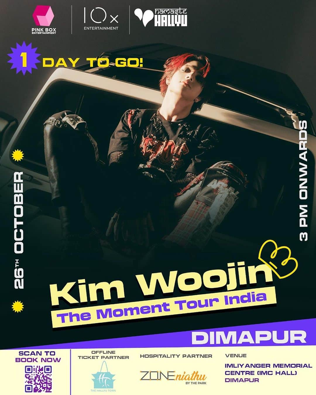 キム・ウジンのインスタグラム：「1 day to go! Hello Nagaland! I will be coming to Dimapur on October 26th for an exclusive fan meeting and mini concert! See you soon!   Scan the QR code or head over to the link available on @pinkboxevents for online tickets! Get your offline ticket from The Hallyutown Cafe @thehallyutowncafe Hospitality partner @zoneniathudimapurbythepark  . . . .  #WoojininIndia #KimWoojin #Woojin #WoojinTheMoment #pinkboxevents #namastehallyu #WoojinIndia」