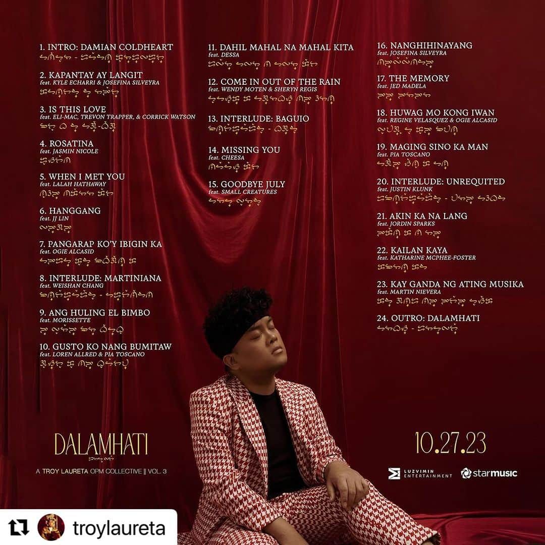 林俊傑のインスタグラム：「Proud of you my brother @troylaureta!  Happy to be featuring my very first song in Filipino, “Hanggang” in the album, Dalamhati , launching this Friday!   很開心參與了 這次別具意義的經典翻唱系列。首次挑戰菲律賓語歌曲，深情！  Repost @troylaureta United in music, I present to you an international, world-class celebration of song• Artists from all over the world and across multiple genres came together for Dalamhati. I am forever humbled and grateful. I can’t wait for you all to hear this body of work. It’s my proudest work.   Abangan ninyo po 10.27.23! Mabuhay ang Pilipino! Mabuhay ang OPM! Thank you God for allowing me to see this day come into fruition. A dream…  #Dalamhati #OPM #NewAlbum  @kyleecharri @josefinasilveyra @eli_mac @count2tre @corrickwats @jasminnicolemusic @lalahhathaway @jjlin @ogiealcasid @wei3violin @itsmorissette @lorenallred @piatoscano @dessapowerhousediva @wendymoten @sherynregis @cheesyfbaby @smallcreaturesmusic @jedmadelaofficial @reginevalcasid @klunkfunk @jordinsparks @katharinefoster @martinnievera You all forever have a big piece of me. I love you all. Thank you. 🥀❤️」