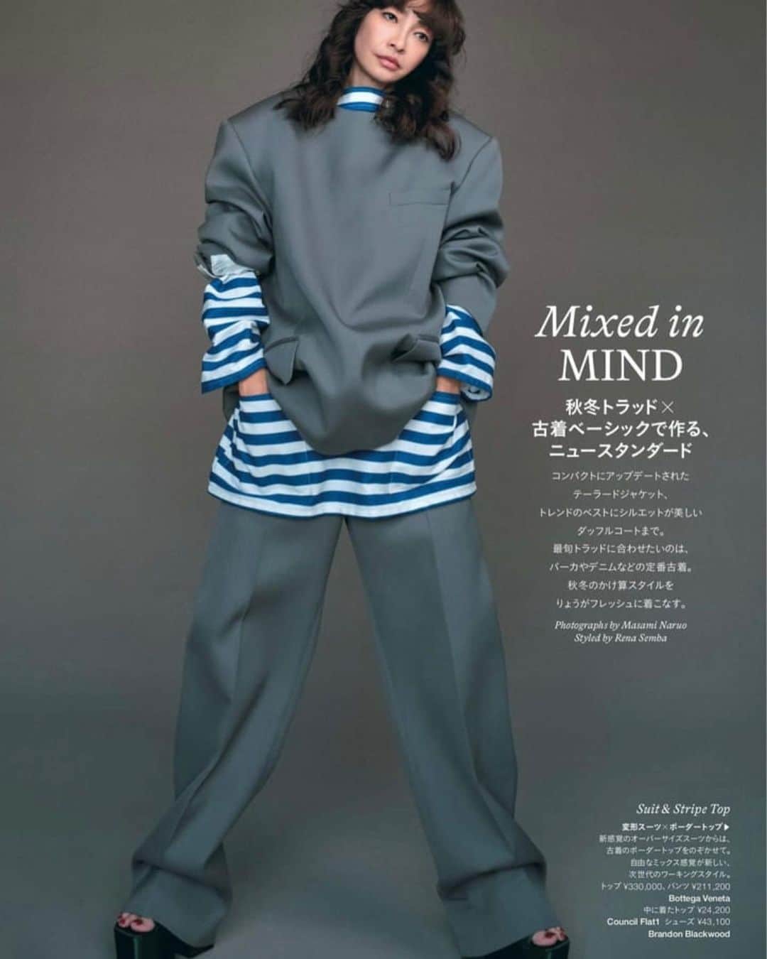 仙波レナのインスタグラム：「Harper’s Bazzar Japan December  「NEW BASIC」 . Model: #Ryo . Photos: @masaminaruo  Hair: @twiggy_mihomatsuura  Makeup: @coco_ikuko  Editor: Shizue Hamano Styled by me @rena_semba_stylist_archive  . Thank you so much #bottegaveneta  @councilflat_tokyo  @brandonblackwoodnyc  . クールな印象が強いけれどとってもチャーミングなりょうさん . 完璧なようで不完全 . 普通なようで普通ではない . そんなことを思いながらスタイリング . 撮影はやっぱり楽しいです」