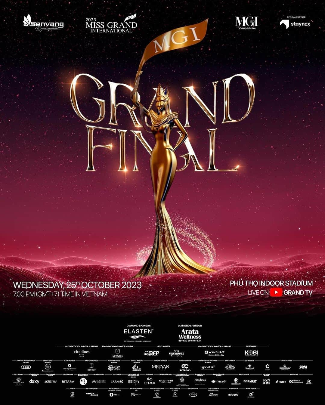 ミス・グランド・ジャパンのインスタグラム：「This is the D-DAY. 👑 It will change a woman's life forever.   Who will be the 11th #Grand Queen?   Follow and see at Miss Grand International 2023 “𝗚𝗿𝗮𝗻𝗱 𝗙𝗶𝗻𝗮𝗹”   This October 25th, watch the live broadcast from Phú Thọ Indoor Stadium via YouTube 𝗚𝗿𝗮𝗻𝗱𝗧𝗩 from 7PM (Ho Chi Minh Time) onwards. ✨  #MGI2023 #AliveVietnam  #SenVangEntertainment #Staynex  #CollagenElasten #Aratawellness .  #MGI #GrandExperiences #MissGrandInternational #MissGrandInternational2023  #WeAreGRANDthe1andOnly」