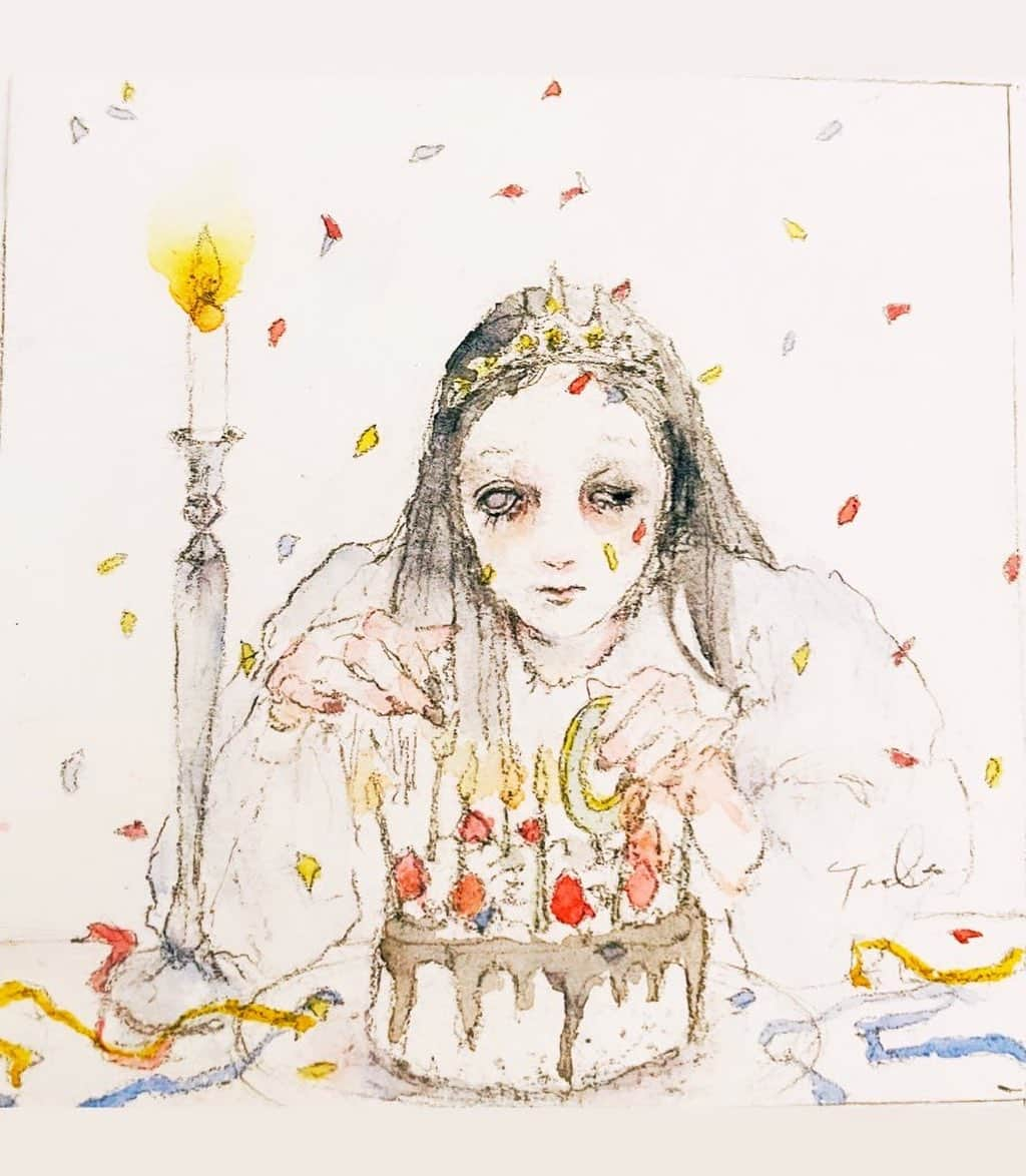 たなかあずさのインスタグラム：「「birthday」 透明水彩、鉛筆、アルシュ紙細目 175×175mm 2023年制作  WEBSHOPに一点作品を販売しました。  https://planetplant.thebase.in/」