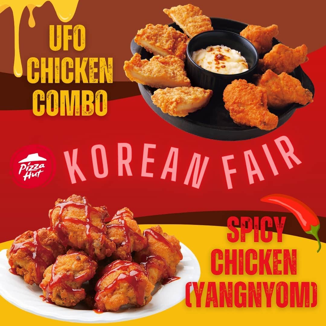 ピザハットのインスタグラム：「#チキン 🍗だってヤミツキ💖  #ピザハット の #韓国フェア はチキン🍗も外せない🤤✨  #UFOチキン は、 秘伝のスパイス骨付きチキン(うま辛)と 生姜醤油味の和風タツタチキンを、バターのコクと 濃厚なクリーム感が堪らない本格ホワイトソースの フォンデュソースで食べれちゃう🧀✨  #うま辛味チキン は、 秘伝のスパイス骨付きチキン(うま辛)に 唐辛子のピリっとした辛味×コクのある コチュジャンを合わせた 甘辛ヤンニョムソースがヤミツキにっ🍗🔥  #勤労感謝の日 のパパのお酒のおつまみ🍺にもピッタリですよ😉✨   #韓国グルメ #ヤンニョム #コチュジャン #ヤンニョムチキン」