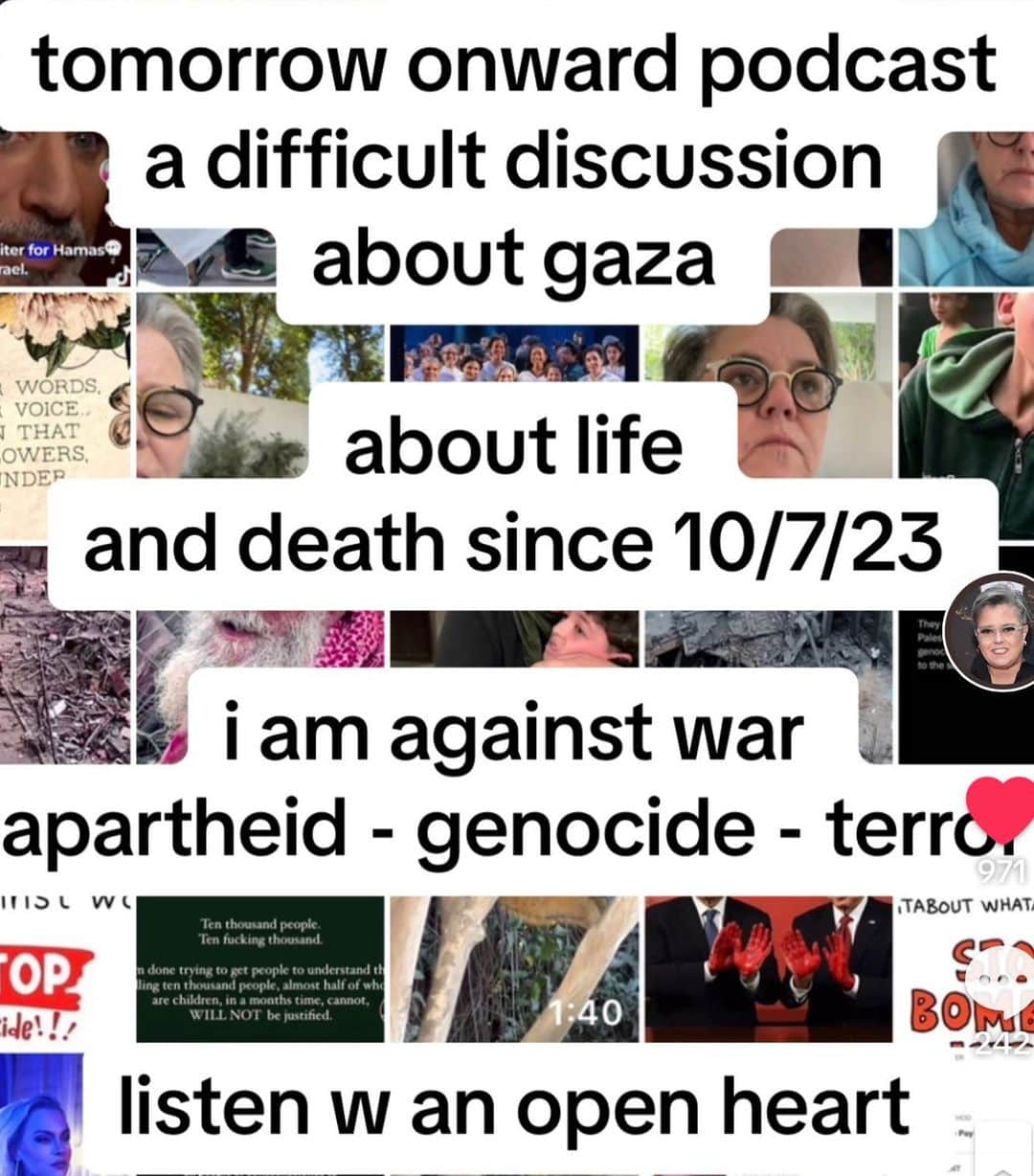 ロージー・オドネルのインスタグラム：「onward with rosie o’donnell - wherever u get ur podcasts #gaza #israel #peace」