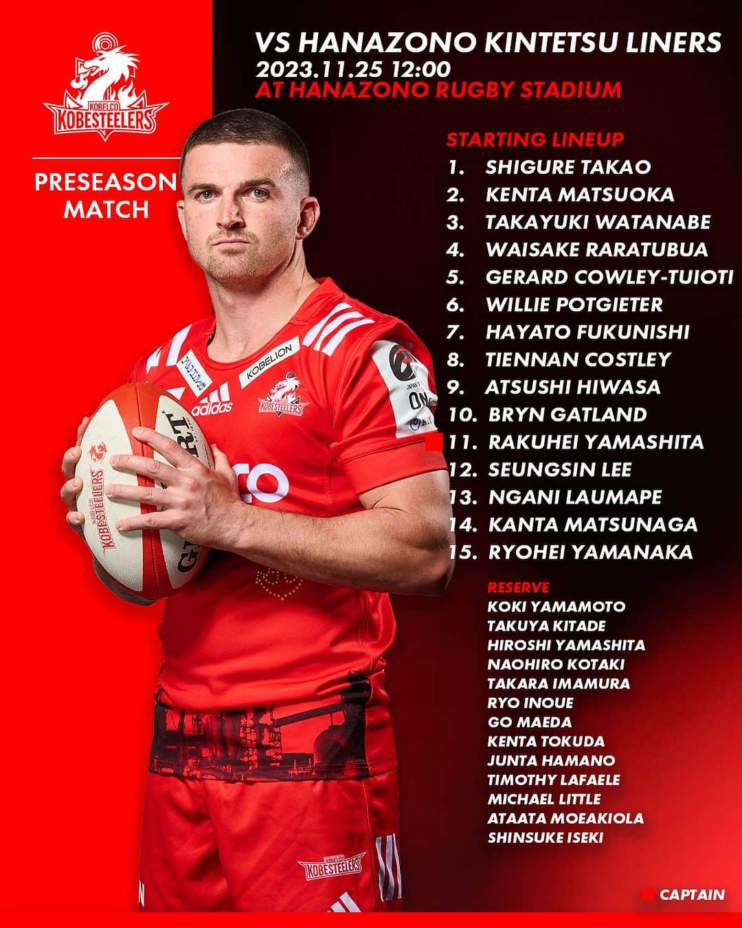 神戸製鋼コベルコスティーラーズのインスタグラム：「. 【PRESEASON MATCH🏉】 #花園近鉄ライナーズ 戦に出場するメンバーを発表‼️ キャプテンは #山下楽平選手 です。  リーグワン開幕前最後のプレシーズンマッチとなります。 熱いご声援をよろしくお願いします🔥 -————————————— 〜VISITOR〜 ⏰2023年11月25(土)12:00 KO 🆚 花園近鉄ライナーズ 🏟東大阪市花園ラグビー場 -————————————— 📺J SPORTSオンデマンドにて放送予定 ⏩試合後のSNSスコア投稿を実施します ⏩ Spoliveでの実況・解説は行いません  #コベルコ神戸スティーラーズ #KOBELCOKOBESTEELERS」