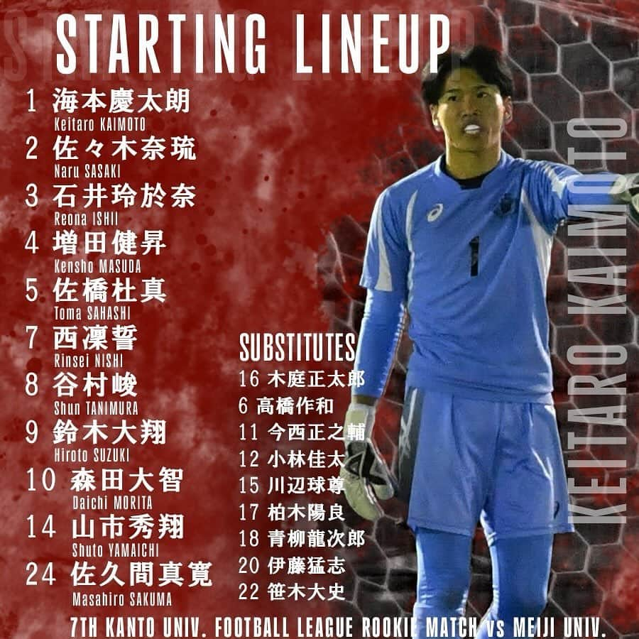 早稲田大学ア式蹴球部【公式】のインスタグラム：「. ／ STARTING LINE-UP ⚽️🔴 ＼   【2023年度 第7回関東大学サッカーリーグ新人戦 決勝トーナメント】 決勝 vs明治大学 🗓 2023/11/23(木) 14:00Kickoff 🏟 AGFフィールド 🎫 有料  GK  1 #海本慶太朗 DF 2 #佐々木奈琉 3 #石井玲於奈 4 #増田健昇 5 #佐橋杜真 MF 7 #西凜誓 8 #谷村峻 10 #森田大智 14 #山市秀翔 24 #佐久間真寛 FW  9 #鈴木大翔  SUBSTITUTES 16 #木庭正太郎 6 #高橋作和 11 #今西正之輔 12 #小林佳太 15 #川辺球尊 17 #柏木陽良 18 #青柳龍次郎 20 #伊藤猛志 22 #笹木大史　  リアルタイムの情報は以下のX（旧Twitter）速報版アカウントで発信します！  X（旧Twitter）🕊→@Ashikisokuho   ライブ配信もございますので、ぜひご覧ください👀↓ https://youtube.com/live/cEYIxbmHgXs  熱い応援よろしくお願いします🔥    #jufa #univ #university #football #soccer #waseda #早稲田大学 #ア式蹴球部 #大学サッカー #新人戦」