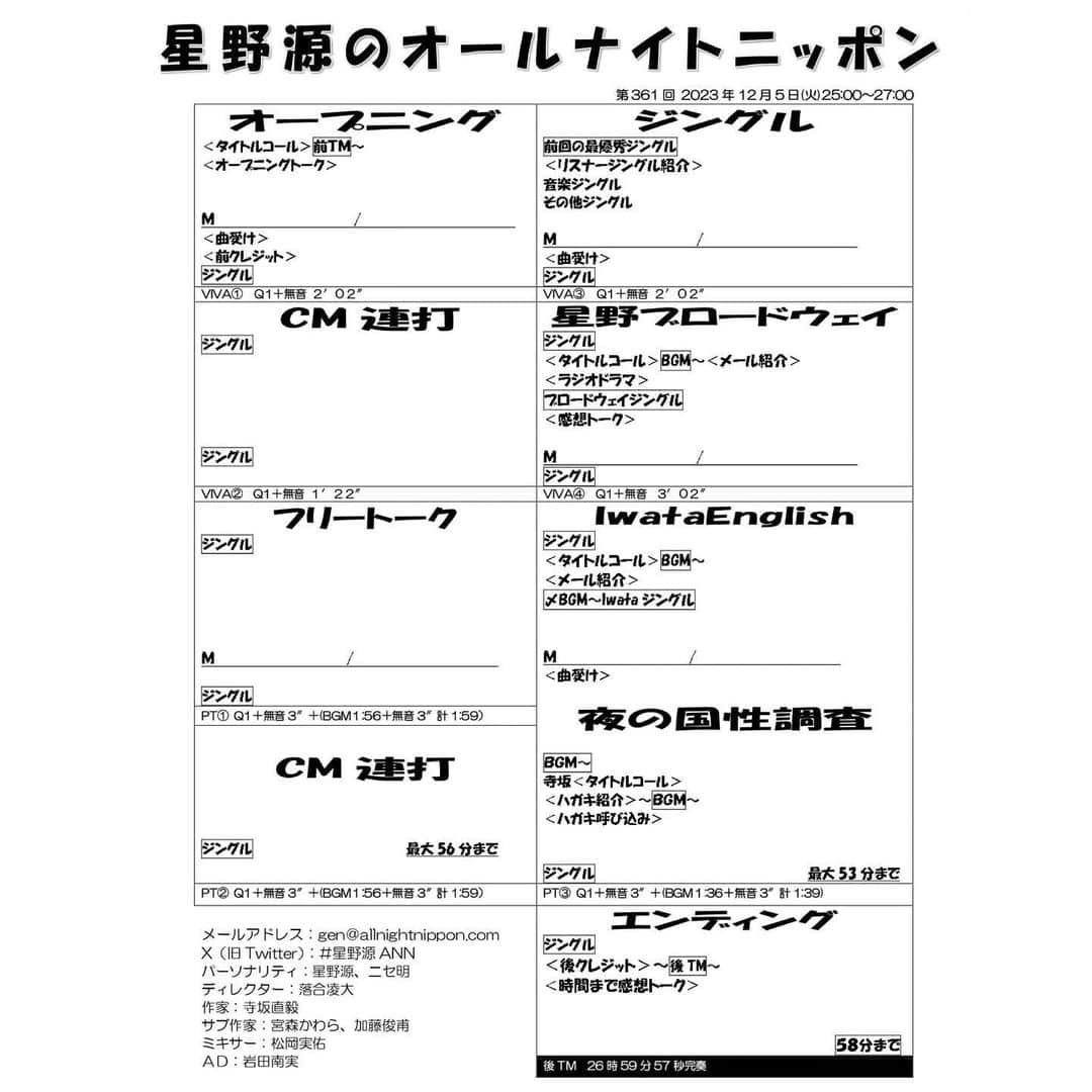 ラジオ「星野源のオールナイトニッポン」のインスタグラム：「12月5日(火)の放送は事前収録です！ そこで恒例の 収録だけど“リアタイしている雰囲気”で リアクションメールを募集します。  収録日時は・・・11月25日 土曜日 夕方5時からスタート！  ✅1時台あたま（5時～5時50分頃）は 【フリートーク】 星野さんが話すであろうフリートークの感想などをお読みします。 スペシャルウィークの企画・ゲストを発表する予定です！  ✅1時台後半～2時あたま（5時55分～6時10分頃）は 【ジングルのコーナー】 ジングルを聴いた感想などをお読みします。  ✅2時15分頃（6時15分頃）からは 【星野ブロードウェイ】 誰が、どんな役で、どんな演技をしたか、リアクションを送ってください。 （ヒント：脚本は寺坂です）  ✅2時30分頃（6時30分頃）からは 【IWATA ENGLISH】 リアクションを送ってください。 時間次第では【夜の国性調査】もお送りする予定です。  ✅2時55分頃（6時55分頃）からは 【エンディング】 この日の放送の感想を読みたいと思います。  よろしくお願いします！  #星野源ANN #星野源 #リアタイ風メール」