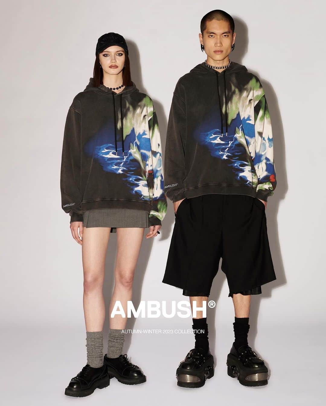 AMBUSHのインスタグラム：「Graffiti-inspired airbrush graphics that reference the natural elements on new unisex vintage-wash tees and hoodies. Now available at our WEBSHOP and WORKSHOP.」