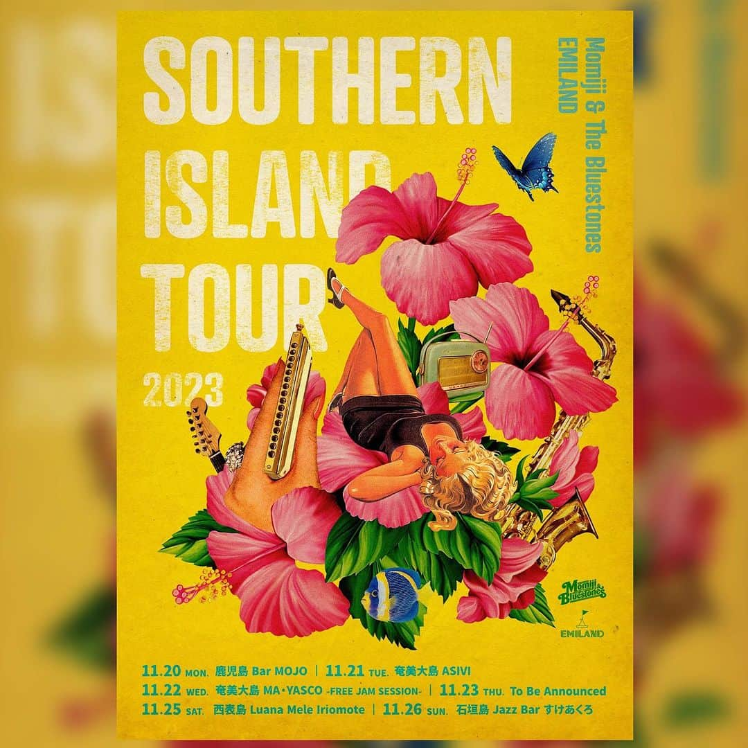 竹内朋康のインスタグラム：「いよいよ明日からはじまる 【Momiji & The Bluestones × EMILAND 〜Southern Island Tour 2023〜】🏖  Blues.Soul.Funkを存分にたのしめる 最強ツーマンです！  予約まだの方にもわかりやすくなってるので 是非チェックしてくださいね☝️  ------------------------- 【Momiji & The Bluestones × EMILAND 〜Southern Island Tour 2023〜】  🎵11/20(月)鹿児島 @Bar MOJO 🎵11/21(火)奄美大島 @ROAD HOUSE［ASIVI］ 🎵11/22(水)奄美大島 @MA･YASCO 🎵11/23(木･祝)沖縄コザ@crossover cafe 614 🎵11/25(土)西表島 @Luana Mele Iriomote 🎵11/26(日)石垣島 @すけあくろ  ——————————— 2023年11月20日(月) 鹿児島@ Bar MOJO Open 19:00 / Start 19:30 前売り ¥3,500 / 当日 ¥4,000 （+1ドリンク別オーダー） Bar MOJO 〒892-0842 鹿児島県鹿児島市東千石町8-29 南国タクシービル3F 099-226-7715 https://m.facebook.com/people/Bar-MOJO/100039867376048/  ======= 2023年11月21日(火)奄美大島@ROAD HOUSE［ASIVI］ Open 19:00 / Start 20:00 前売り ¥3,500 / 当日 ¥4,000 （+1ドリンク別オーダー） ROAD HOUSE［ASIVI］ 〒894-0031 鹿児島県奄美市名瀬金久町4-3 0997-53-2223 https://www.a-mp.co.jp/event.html  ======= 11月22日（水）奄美大島@MA･YASCO MA･YASCO 〒894-0034 鹿児島県奄美市名瀬入舟町22-9 0997-53-9317 https://kukiwakame999.amamin.jp  ======= 11月23日（木･祝）沖縄コザ open 19:00 start 20:00 charge free 投げ銭  crossover cafe 614 沖縄県沖縄市中央1-17-15 2F tel 080-4275-6140 ======= 11月25日（土）西表島 @Luana Mele Iriomote 〜to be anounced Luana Mele Iriomote 〒907-1541 沖縄県八重山郡竹富町字上原289-17 0980-85-6027 https://www.luanamele-iriomote.com  ======= 11月26日(日) 石垣島　@すけあくろ Open 19:00 / Start 19:30 前売り ¥3,500 / 当日 ¥4,000 JAZZ BAR すけあくろ 〒907-0022 沖縄県石垣市大川213-1 B1　 0980-87-7696 http://scarecrow-ishigaki.com/index.html  =======  [Momiji & The Bluestones] ・大久保紅葉(Vo,Harp) ・竹内朋康(Gt) ・前田サラ(Sax) ・大神田智彦(Ba) ・白根佳尚(Dr) https://www.instagram.com/momijiandthebluestones/...  [EMILAND] ・Vocal&Guitar:ウルトラエミ(衣美/ex-ズクナシ) ・Guitar:ハイパーボブ(小林 "Bobsan" 直一/Mountain Mocha Kilimanjaro) ・Bass:ネバーダイ(Tanaami Daisuke/RIDDIMATES , CaSSETTE CON-LOS) ・Drums:スーパーあかね(茜/ex-ズクナシ,三宅伸治&theSpoonful) https://emiland.themedia.jp」