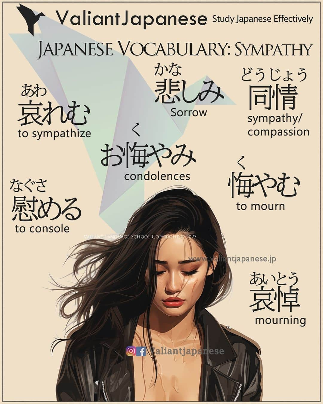 Valiant Language Schoolのインスタグラム：「👩‍🏫:New Beginner Classes Starting November, DM us to apply for Free Trial Class / info@valiantjapanese.jp . Sympathy - 🙏  Example Sentences below 👇  悲しみ (Kanashimi) - Meaning: "sorrow" or "sadness"  彼の突然の死に、深い悲しみが広がった。 (Kare no totsuzen no shi ni, fukai kanashimi ga hirogatta.) Translation: Deep sorrow spread with his sudden death. 哀れむ (Awaremu) - Meaning: "to pity" or "to sympathize"  彼の苦しみを哀れんで、手助けしたいと思います。 (Kare no kurushimi o awarende, tedasuke shitai to omoimasu.) Translation: I want to help him in his suffering with sympathy. 同情 (Doujou) - Meaning: "sympathy" or "compassion"  同情の眼差しで彼女を見つめた。 (Doujou no manazashi de kanojo o mitsumeta.) Translation: He looked at her with a sympathetic gaze. お悔やみ (Okuyami) - Meaning: "condolences"  彼のご家族にお悔やみを申し上げます。 (Kare no go-kazoku ni okuyami o moushiagemasu.) Translation: I offer my condolences to his family. 心からのお見舞い (Kokoro kara no omimai) - Meaning: "heartfelt sympathy"  彼女の病気に対して心からのお見舞いをお送りします。 (Kanojo no byouki ni taishite kokoro kara no omimai o o-okurishimasu.) Translation: I send heartfelt sympathy for her illness. 慰める (Nagusameru) - Meaning: "to console" or "to comfort"  友達を失った時、彼女を慰める言葉が見つからなかった。 (Tomodachi o ushinatta toki, kanojo o nagusameru kotoba ga mitsukaranakatta.) Translation: When she lost her friend, comforting words couldn't be found. 哀悼 (Aitou) - Meaning: "mourning" or "lamentation"  国中がその偉大な指導者を哀悼しています。 (Kokuchuu ga sono idai na shidousha o aitou shiteimasu.) Translation: The entire country is mourning the loss of that great leader. 悔やむ (Kuyamu) - Meaning: "to regret" or "to mourn"  事故で亡くなった人たちを悔やみます。 (Jiko de nakunatta hito-tachi o kuyamimasu.) Translation: I mourn for the people who lost their lives in the accident.  #tshirts  #shinjuku  #新宿 #東京 #tokyo」