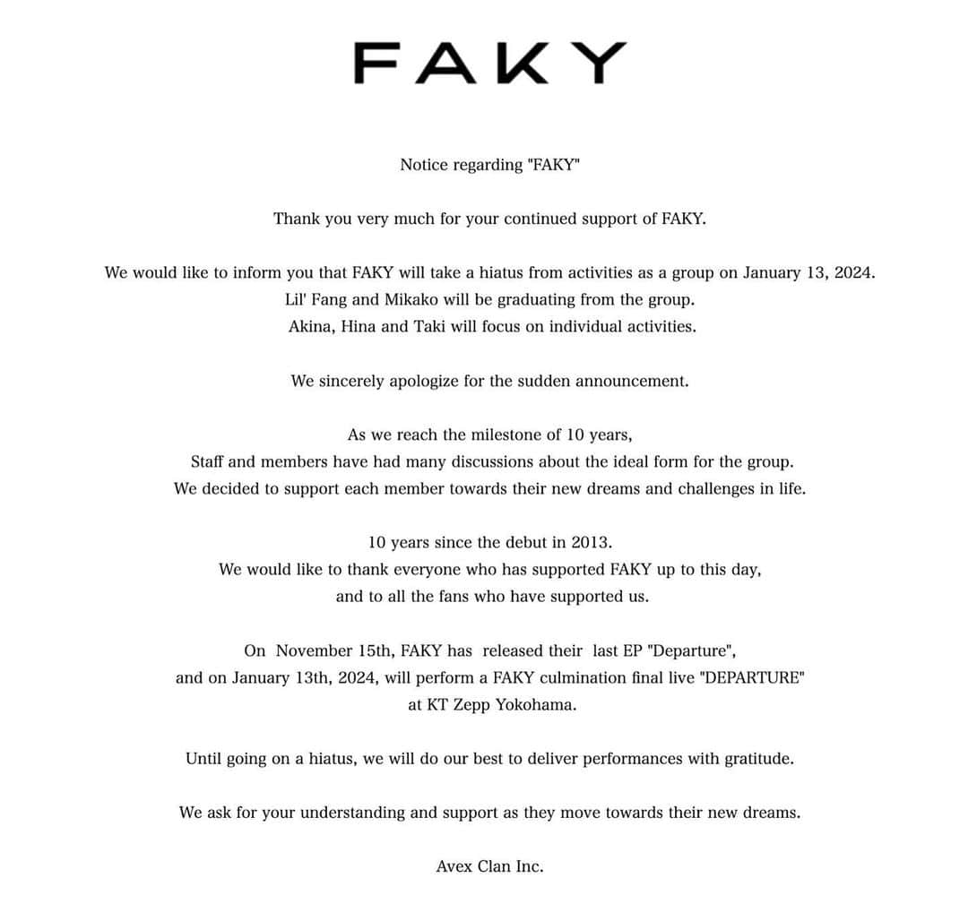FAKYさんのインスタグラム写真 - (FAKYInstagram)「FAKYの活動に関する大切なお知らせ」11月19日 21時00分 - fakyjp