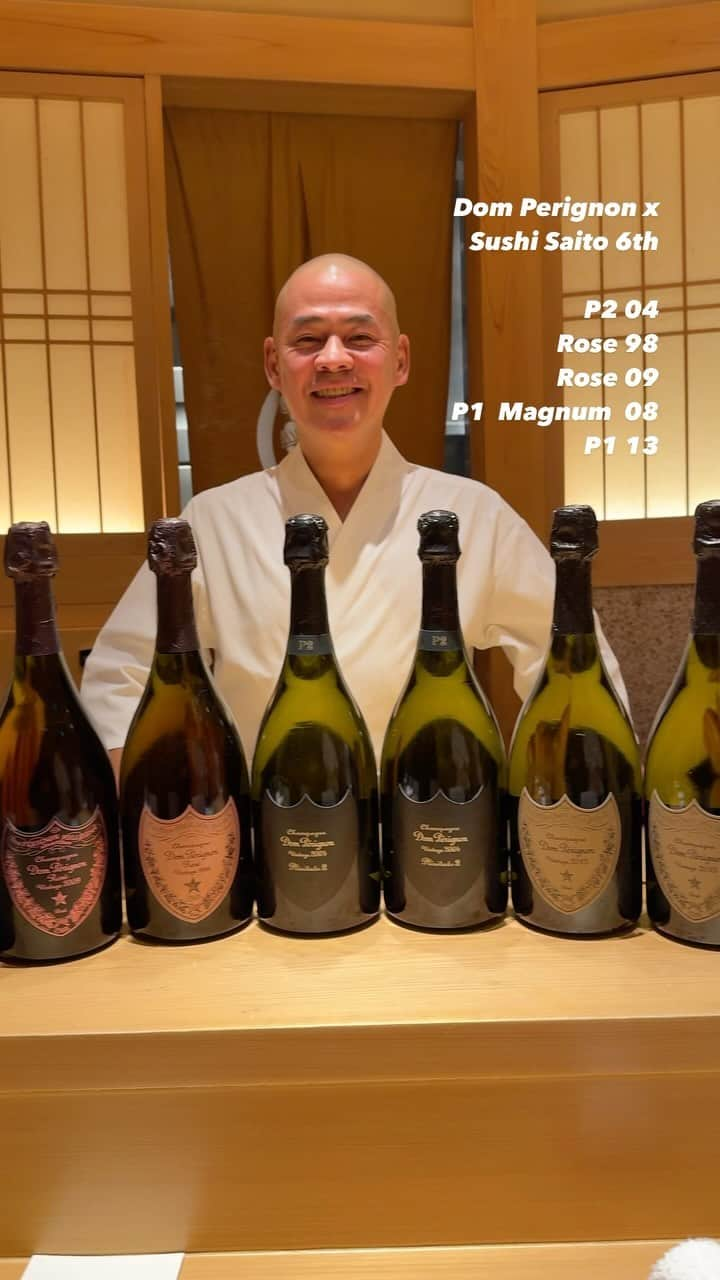 本田直之のインスタグラム：「MHDのサポートでこっしーと昨年から開催している Dom Perignon x 鮨さいとうの6回目 1年半やったことにより、季節毎の鮨とDom Perignonのペアリングがかなり見えて来ました。  今回のラインナップは  P2 04  Rose 98 Rose 09 P1  Magnum  08  P1 13  #domperignon #ドンペリニヨン #鮨さいとう」