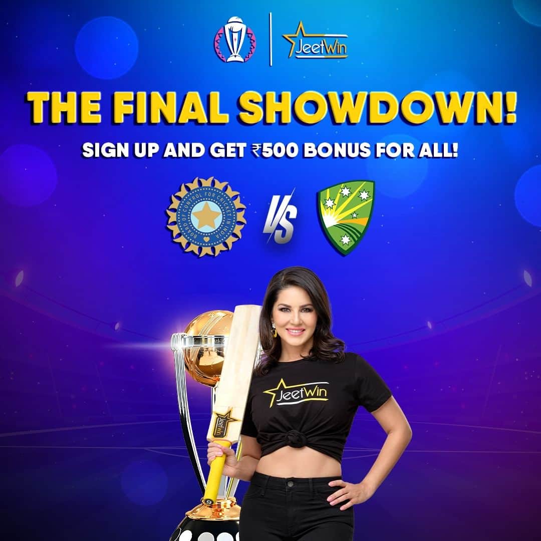 サニー・レオーネのインスタグラム：「🏏 Get ready for the epic INDIA vs AUSTRALIA World Cup 2023 🏆 Final Showdown. Watch live on @jeetwinofficial .  Play Big and Win Big! Join today via the link in my story!」