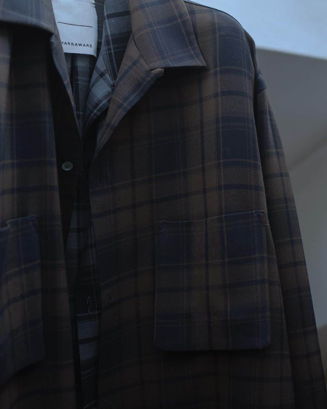 のインスタグラム：「. 2/72 ORGANIC WOOL CHECK VIYELLA OPEN COLLAR SHIRT price ¥52,800(tax in) col. BROWN CHECK,BLUE CHECK  #markaware @markaware_marka_official @markaware_marka_shop」