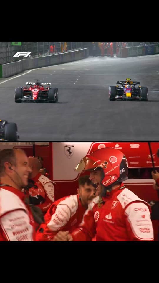 シャルル・ルクレールのインスタグラム：「Look at the smiles on their faces! 🤩  The @scuderiaferrari garage went wild as Leclerc crossed the line at the #LasVegasGP 🥳  #F1 #Formula1」