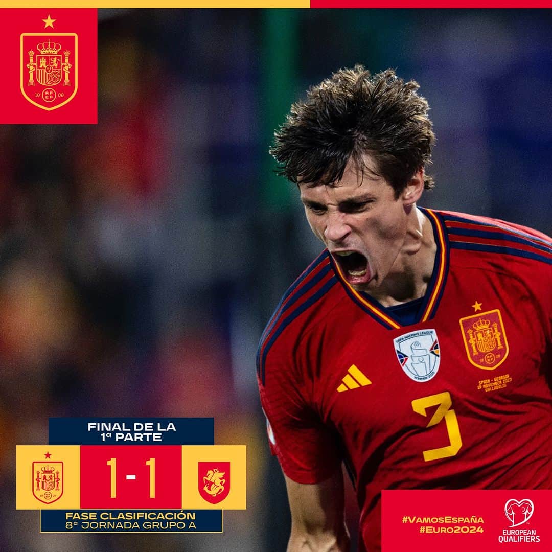 サッカー スペイン代表チームのインスタグラム：「🏁 ¡¡𝗡𝗢𝗦 𝗩𝗔𝗠𝗢𝗦 𝗔𝗟 𝗗𝗘𝗦𝗖𝗔𝗡𝗦𝗢 𝗘𝗡 𝗩𝗔𝗟𝗟𝗔𝗗𝗢𝗟𝗜𝗗!!  Un gol para cada equipo en una intensa primera parte en el estadio José Zorrilla.  🇪🇸 🆚 🇬🇪 | 1-1 | 45+3’  #VamosEspaña | #EURO2024」