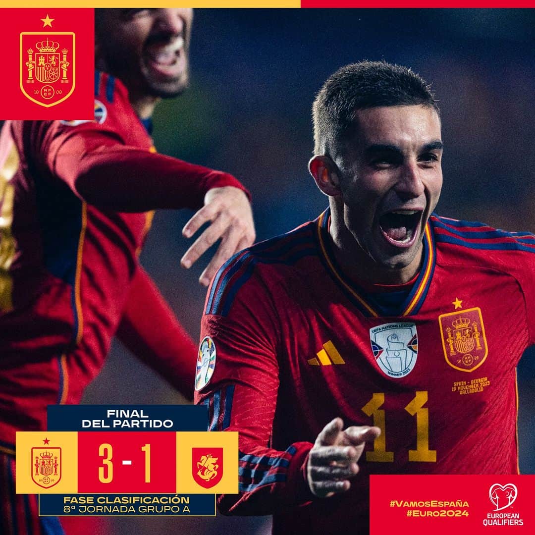 サッカー スペイン代表チームのインスタグラム：「🏁 ¡¡¡𝗙𝗜𝗡𝗔𝗔𝗔𝗔𝗟 𝗗𝗘𝗟 𝗣𝗔𝗥𝗧𝗜𝗗𝗢 𝗘𝗡 𝗣𝗨𝗖𝗘𝗟𝗔𝗔𝗔𝗔!!!  Victoria de la Selección española que certifica el primer puesto del equipo de Luis de la Fuente en esta Fase de Clasificación para la #EURO2024.  ➡️ Será cabeza de serie en el sorteo el torneo.  #VamosEspaña」