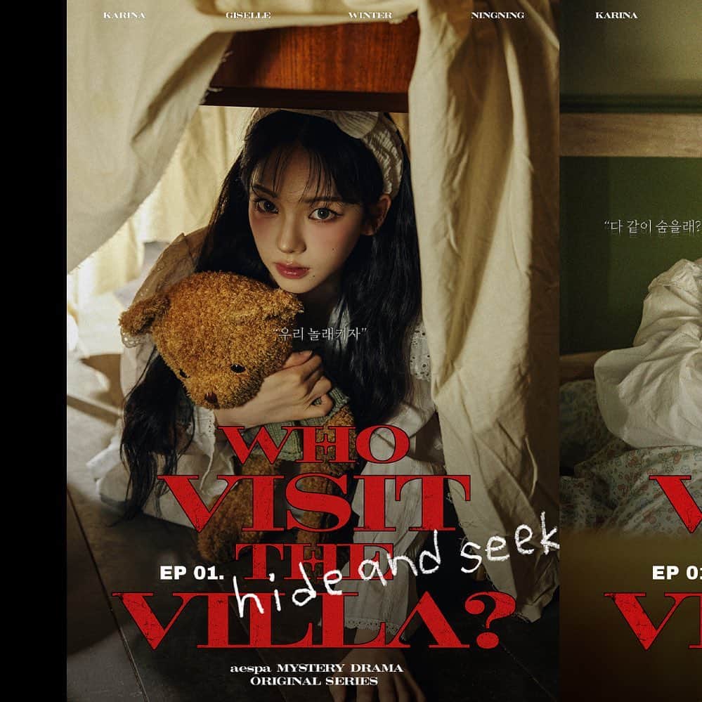 aespaのインスタグラム：「EP 01. Hide and Seek Poster  ‘Who visit the VILLA?’｜ aespa 에스파 MYSTERY DRAMA ORIGINAL SERIES Release Schedule 📍 aespa YouTube Channel EP 01 Nov 21 10PM(KST) EP 02 Nov 23 10PM(KST) EP 03 Nov 25 10PM(KST)  #aespa #æspa #에스파 #Drama #aespaDrama #WhovisittheVILLA #aespaORIGINALSERIES  #HideandSeek #Whoareyou #CruelAudition」