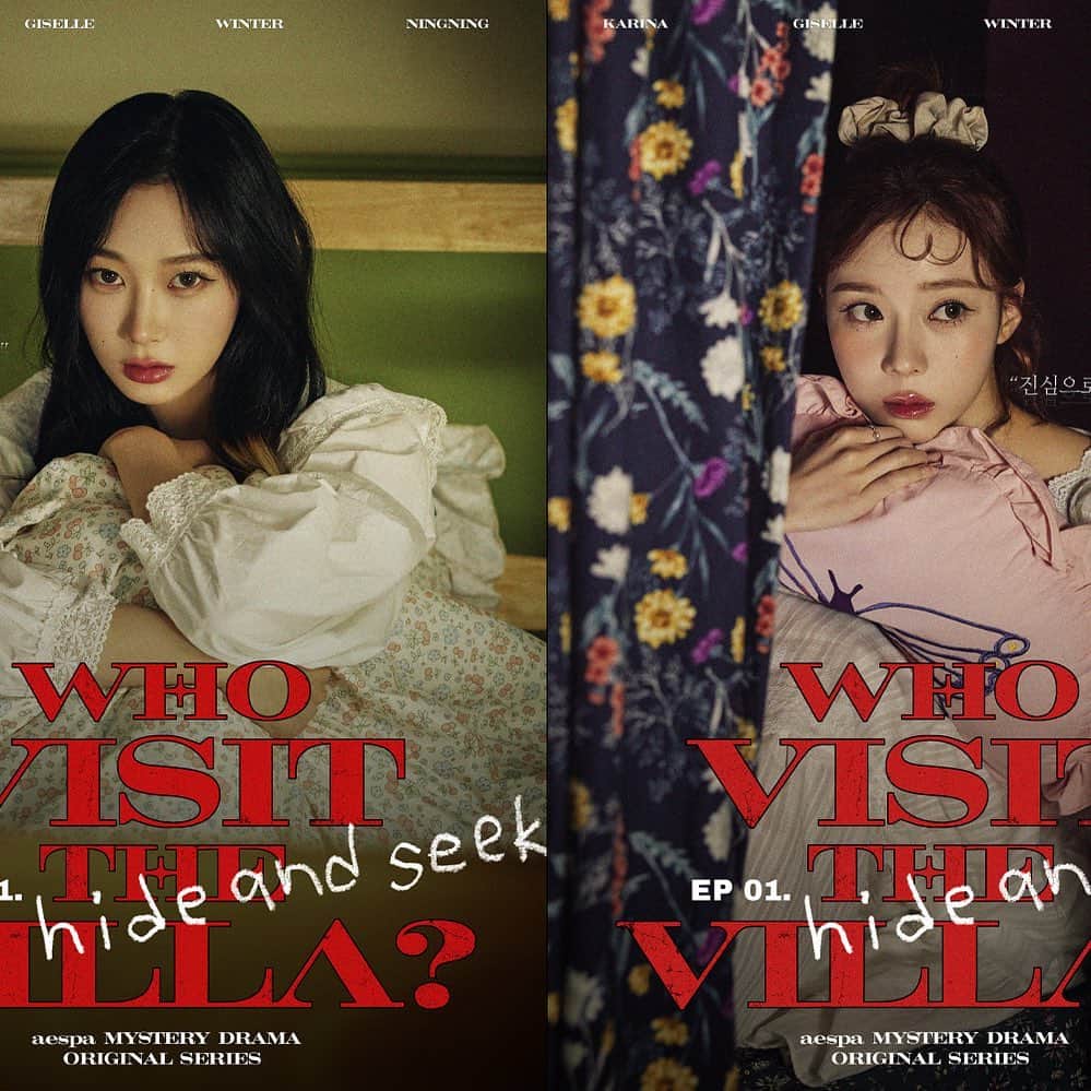 aespaのインスタグラム：「EP 01. Hide and Seek Poster  ‘Who visit the VILLA?’｜ aespa 에스파 MYSTERY DRAMA ORIGINAL SERIES Release Schedule 📍 aespa YouTube Channel EP 01 Nov 21 10PM(KST) EP 02 Nov 23 10PM(KST) EP 03 Nov 25 10PM(KST)  #aespa #æspa #에스파 #Drama #aespaDrama #WhovisittheVILLA #aespaORIGINALSERIES  #HideandSeek #Whoareyou #CruelAudition」