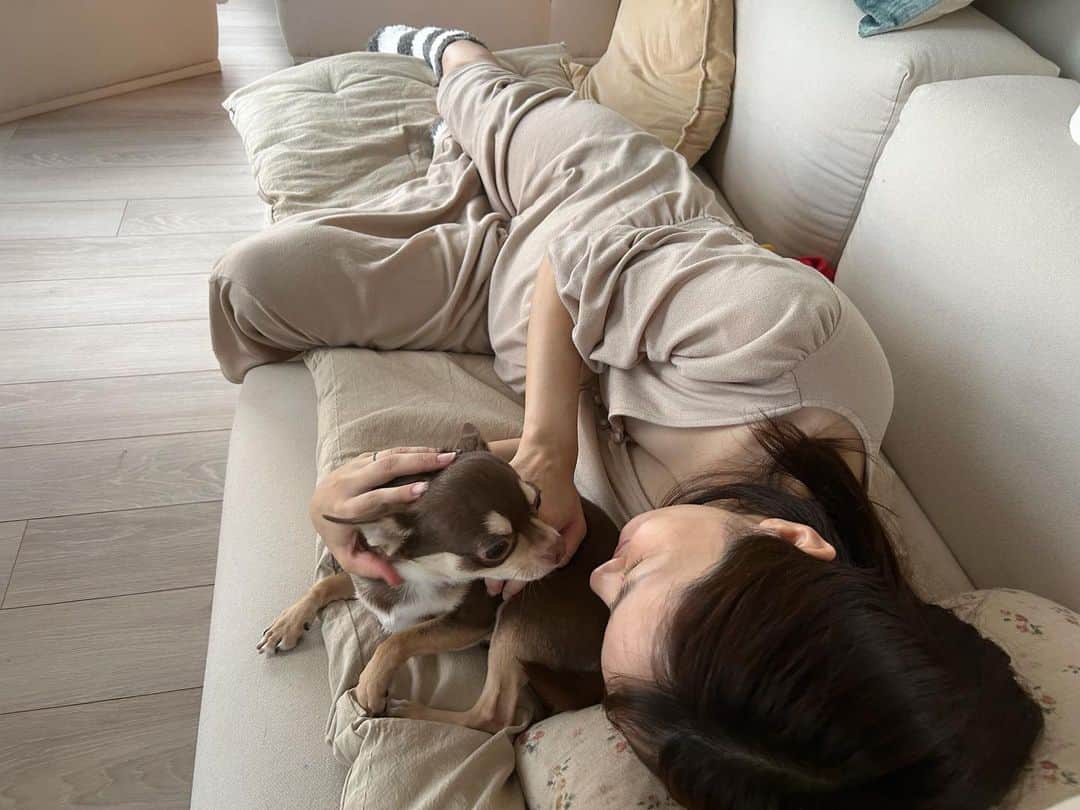 浜田翔子のインスタグラム：「前回1人目師匠がお腹にいる時は おなかに容赦なく乗ってきてて🐕 よく周りに心配されてたんだけど、、😂 今回はなんか 理解してるのか体重もその時より倍以上になった ちょこ🐶は お腹踏まず近くにいてくれてます。。🤭 逆にお兄ちゃん（師匠）のほうが お腹をよく蹴ったり乗っかったり、、 危険😂  カブ旦那はもこもこソックス🧦おそろいのネットで買ってくれてた🫶  毎日足がつっては苦しみ、、腰痛で歩くのは遅い。。 そしてお腹の張りが結構でてきたかな。。 ちゃんと回転最近したのか🙃 胎動、蹴りが胸下にグイグイきます‼︎ 前よりお腹も大きい気もするし、、 年内に産まれるんじゃないか？ とカブ旦那には言われます。。 12月どうなるやら、、🥺  準備もちょっもずつしてかないと、、👜 #妊娠29週 #妊娠8ヶ月」