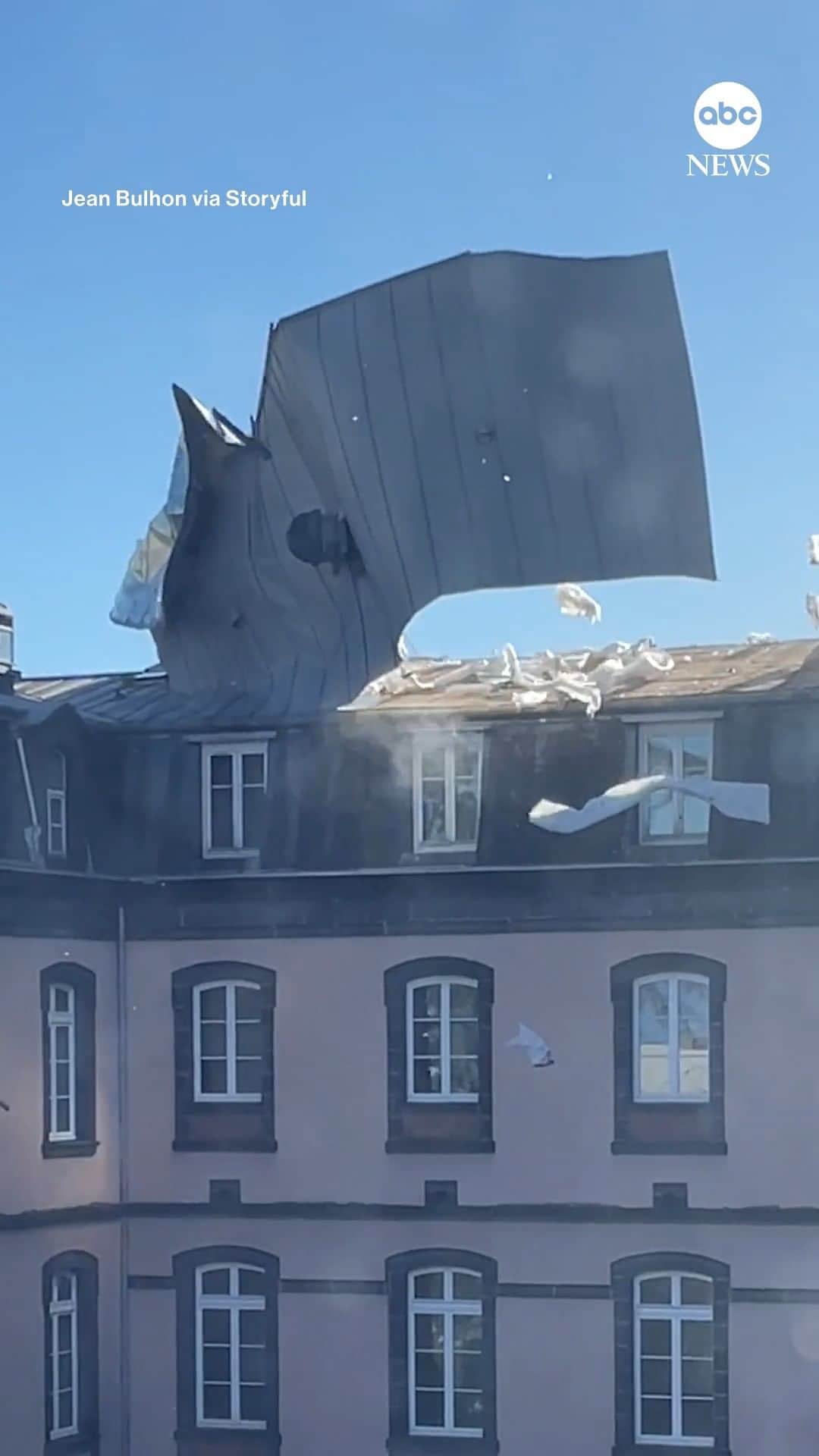 ABC Newsのインスタグラム：「Strong winds caused a portion of a roof to fly off a school building in Clermont-Ferrand, France.」