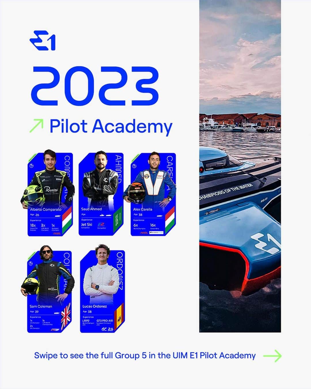 ルーカス・オルドネスのインスタグラム：「Finally, introducing Group 5 from the first ever UIM E1 Pilot Academy ⚡️  @albertocomparato 🇮🇹 @lucasordonez 🇪🇸 @racingcoleman 🇬🇧 @saudaahmed22 🇸🇦 @alexcarellaofficial 🇮🇹  Pilots are currently going through Basic, Advanced & RaceBird training ahead of Season 1 🌊  #E1Series #ChampionsOfTheWater #Motorsport #Powerboat」