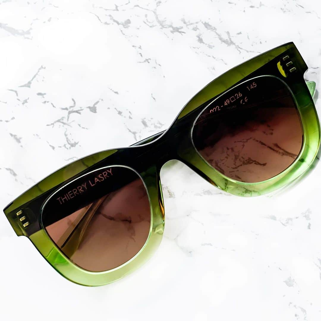 ティエリー ラスリーのインスタグラム：「the THIERRY LASRY “GAMBLY” sunglasses in translucent gradient green acetate w/ gradient brown lenses #thierrylasry #handmadeinitaly」