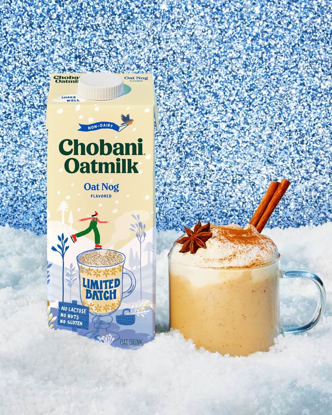 Chobaniのインスタグラム：「A cup of cheer. Limited Batch Oat Nog flavored Oatmilk is ready to steam and foam for lattes at home. Or enjoy it straight up, cold and over ice. Cheers to you.」