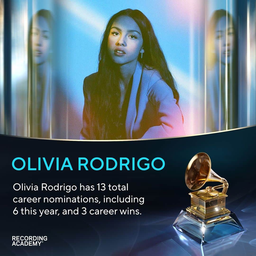 The GRAMMYsのインスタグラム：「🎤 It is only logical that #OliviaRodrigo is GRAMMY nominated!  Olivia Rodrigo has received 6 nominations this year, including:  🎵 Record Of The Year: “vampire” 🎵 Album Of The Year: GUTS 🎵 Song Of The Year: “vampire”  ✨ View the full nominee list at the link in our bio and don't miss the 66th #GRAMMYs LIVE on Feb. 4th, 2024 on @CBStv.」