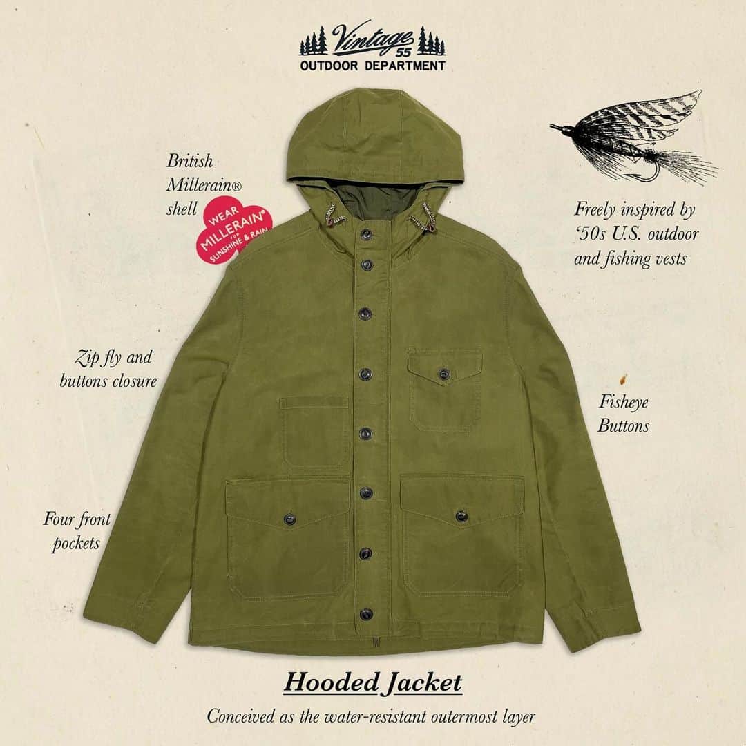 ヴィンテージ55のインスタグラム：「Vintage55 Hooded Jacket, water resistant and made of waxed cotton, discover this piece in our stores and build your layered outfit!」