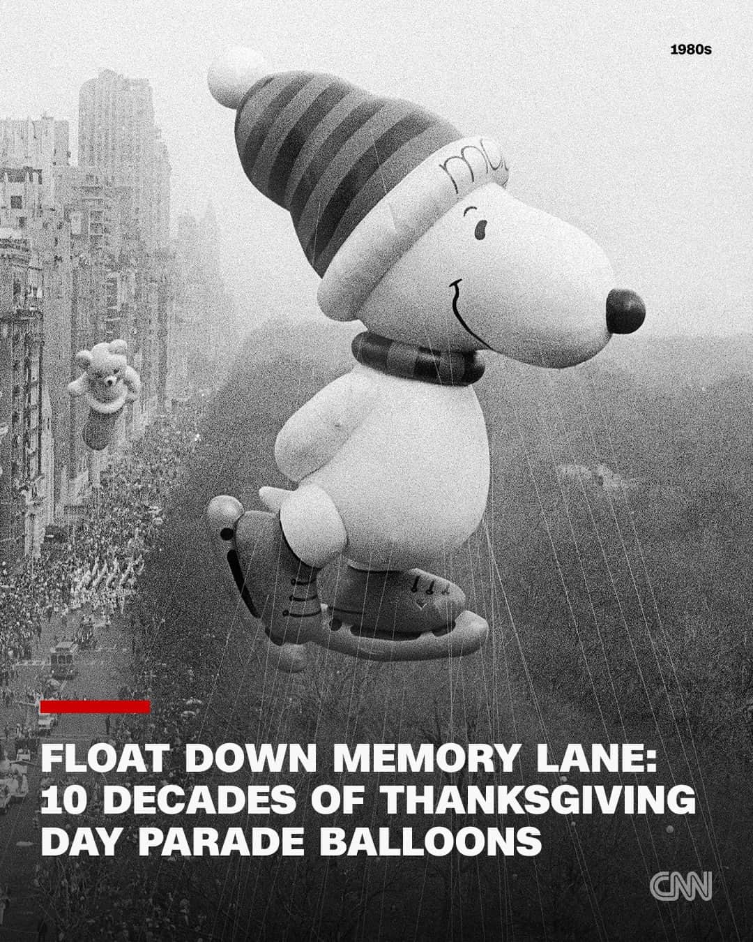 CNNのインスタグラム：「Now in its 99th year, the annual Macy's Thanksgiving Day Parade will soon bring together an unrivaled cast of balloon characters, along with floats, musical acts and spectators of all ages along New York City's streets.  Originally dubbed the Macy's Christmas Parade, the first event took off on November 24, 1924, in front of a crowd of 10,000. In 1927, Macy's changed its name to the Thanksgiving Day Parade, debuting balloons that same year. Parade onlookers hit the 1 million mark in the 1930s – while more recently, 3.5 million people have lined the streets to watch. The elements have thrown some challenges through the years, with rainy hiccups, blustery days and some snow, but the parade marches on.  Tap the link in our bio to explore more parade balloons through the years, and see how the New York landscape has changed alongside this beloved American holiday event.  📸: Sara Krulwich/The New York Times/Redux | AP | Bettmann Archive/Getty Images | John Phillips/The LIFE Picture Collection/Shutterstock | Bettmann Archive/Getty Images | Courtesy Macy's | Ira Berger/Alamy Stock Photo | Hiroji Kubota/Magnum | Joe Kohen/Getty Images | Carlo Allegri/Reuters」