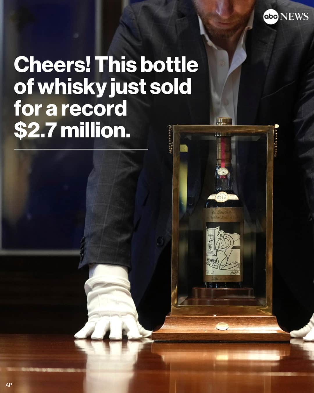 のインスタグラム：「After a bidding war between would-be buyers on the phone and in the room, a bottle of Scotch whisky billed as “the most sought-after” in the world sold for a record $2.7 million at auction.  Just 40 bottles of The Macallan 1926 were bottled in 1986 after being aged in sherry casks for 60 years. Twelve of the bottles, including the one sold Saturday, had labels designed by Italian painter Valerio Adami. Read more at link in bio.」