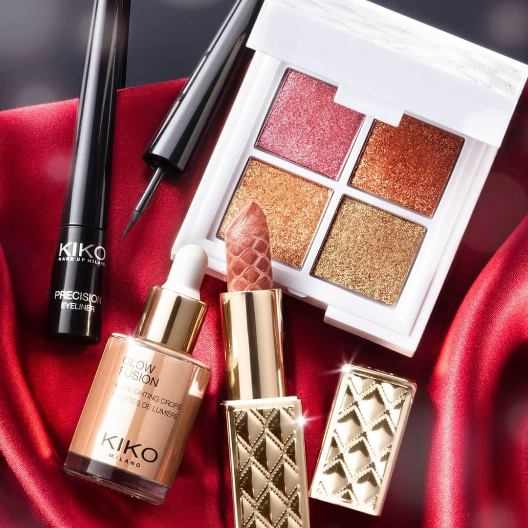 KIKO MILANOのインスタグラム：「Get ready for instant glam! ✨ Elevate your makeup game with #KIKOBlackFriday 🛍️ Enjoy our amazing 3-for-free deal across the entire catalogue. Shop online or in #KIKOStores and indulge in beauty treats! 💄⁣  *Check our website for local promo details.⁣ ⁣ Glow Fusion Highlighting Drops 03 - Made To Shine Eyeshadow Palette 02 - Precision Eyeliner - Sparkling Lipstick 01⁣」
