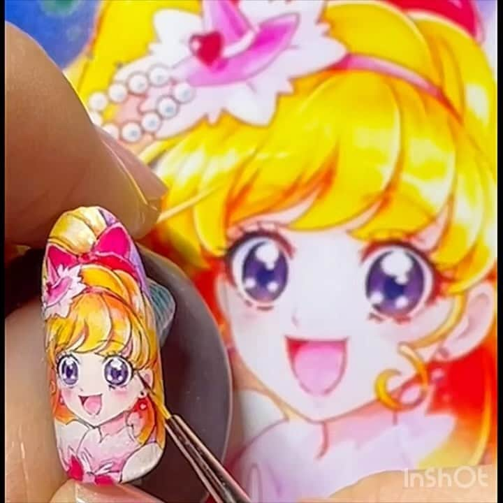 上野明子のインスタグラム：「魔法つ使いプリキュア🪄 キュアミラクル🎀  久しぶり描いたぁ😁  🛒🛒🛒🛒🛒🛒🛒🛒🛒🛒🛒  💅プロネイリストさん @nailshoptat  🎨誰でも🆗 @nailoid.by.aki   #purikyua  #魔法使いプリキュア #プリキュア #プリキュアネイル  @by.aki #anime#manga #NAIL#ジェルネイル#ネイル#福岡#福岡市#全てジェルネイル#手描きネイル#all.gel#痛ネイル#ネイリスト#キャラネイル#네일#gel甲#美甲#clou#مسمار#paku #uña」