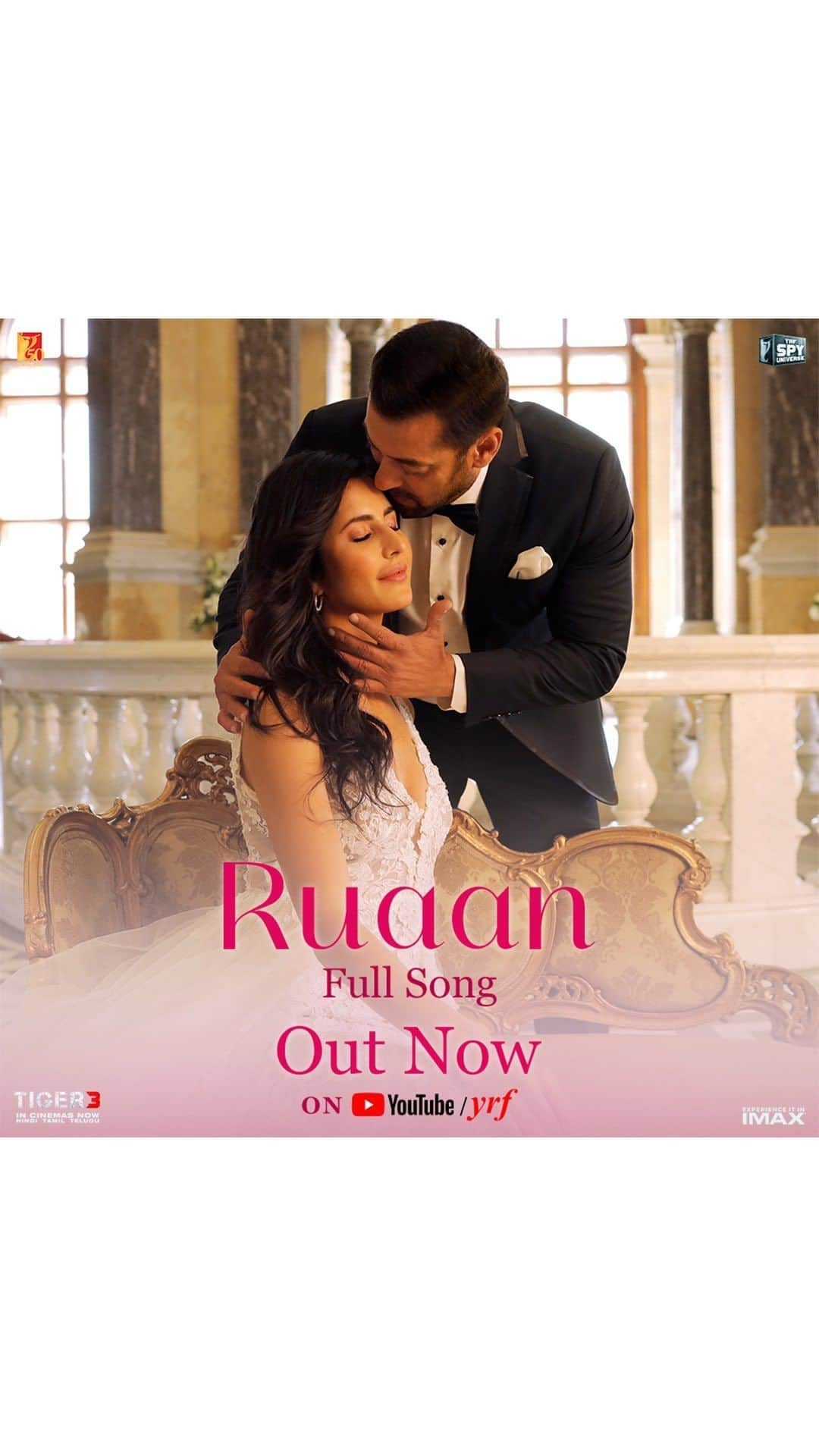 サルマン・カーンのインスタグラム：「#Ruaan ❤️ Full song out now *link in bio*  Watch #Tiger3 at your nearest big screen in Hindi, Tamil & Telugu. Book your tickets now *link in bio*  @katrinakaif @therealemraan #ManeeshSharma @ipritamofficial @kamil_irshad_official @arijitsingh @vaibhavi.merchant @yrf #YRF50 #YRFSpyUniverse」