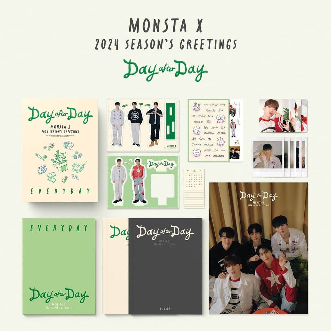 Monsta Xさんのインスタグラム写真 - (Monsta XInstagram)「📢 2024 MONSTA X SEASON'S GREETINGS 𝑫𝒂𝒚 𝒂𝒇𝒕𝒆𝒓 𝑫𝒂𝒚 ☀🌟 🌿 𝙴𝚅𝙴𝚁𝚈𝙳𝙰𝚈 𝚟𝚎𝚛. 예약판매 안내  🗓 예약판매 오픈 231120 4PM - (KST)  #몬스타엑스 #MONSTA_X #MONSTAX #2024시즌그리팅 #DayafterDay  국내👉🏻 https://bit.ly/46lbu6z GLOBAL👉🏻 https://bit.ly/3R2eqQO」11月20日 16時01分 - official_monsta_x