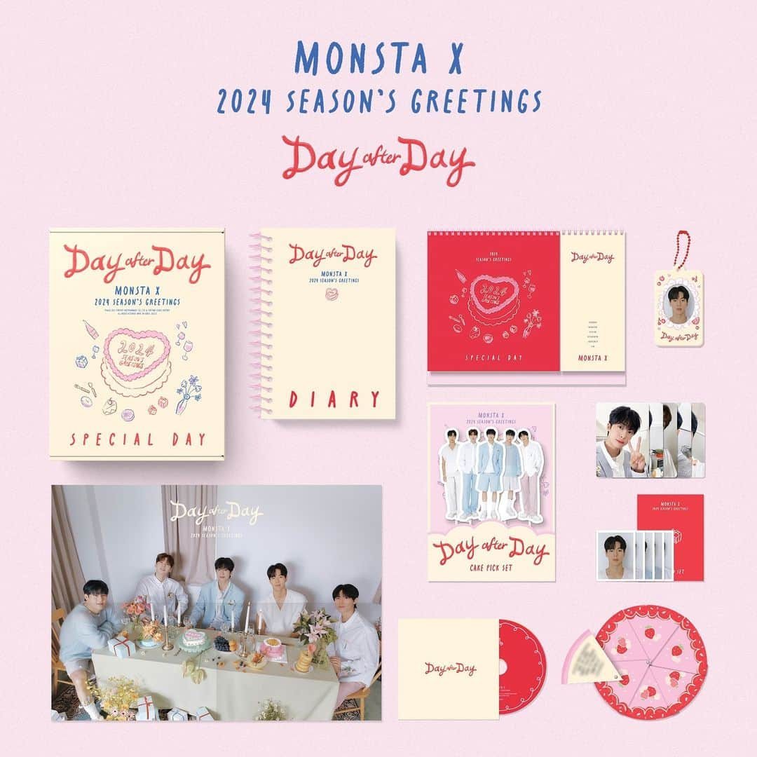 Monsta Xのインスタグラム：「📢 2024 MONSTA X SEASON'S GREETINGS 𝑫𝒂𝒚 𝒂𝒇𝒕𝒆𝒓 𝑫𝒂𝒚 ☀🌟 🎂 𝚂𝙿𝙴𝙲𝙸𝙰𝙻 𝙳𝙰𝚈 𝚟𝚎𝚛. 예약판매 안내  🗓 예약판매 오픈 231120 4PM - (KST)  #몬스타엑스 #MONSTA_X #MONSTAX #2024시즌그리팅 #DayafterDay  국내👉🏻 https://bit.ly/3sufkwl GLOBAL👉🏻 https://bit.ly/3MJtW1F」