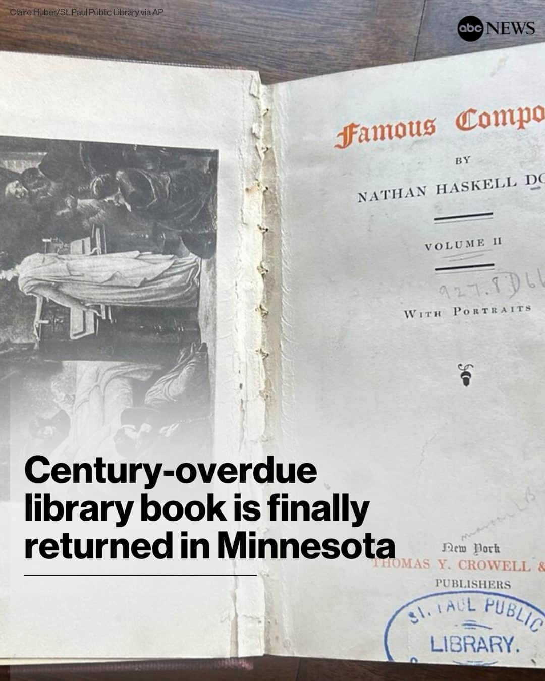 ABC Newsのインスタグラム：「It took 104 years, but one overdue library book has finally been returned in St. Paul, Minnesota.  St. Paul Mayor Melvin Carter joked in a tweet that there would be no fine. The library, like many across the country, stopped charging late fees in 2019.  The future of the book is unsure. John Larson, the St. Paul Public Library’s digital library coordinator, said he doubted it will go back into circulation because of its delicate condition, but expected the library to hang onto it.  Tap link in bio to read more.」