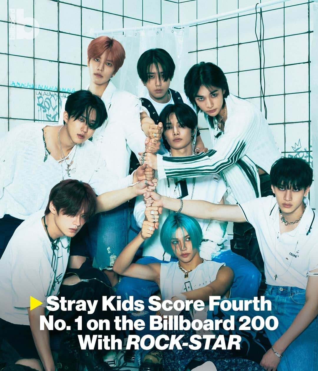 Billboardのインスタグラム：「Stray Kids’ 'ROCK-STAR' debuts at No. 1 on the #Billboard200, earning the group its fourth chart-topper. 📈⁠ ⁠ All four of Stray Kids’ chart entries have debuted at No. 1 on the Billboard 200, making them the first act to see their first four chart entries debut at No. 1 since Alicia Keys in 2001-07.⁠ ⁠ Get more details at the link in bio + stay tuned for their #BBMAs performance tonight!」