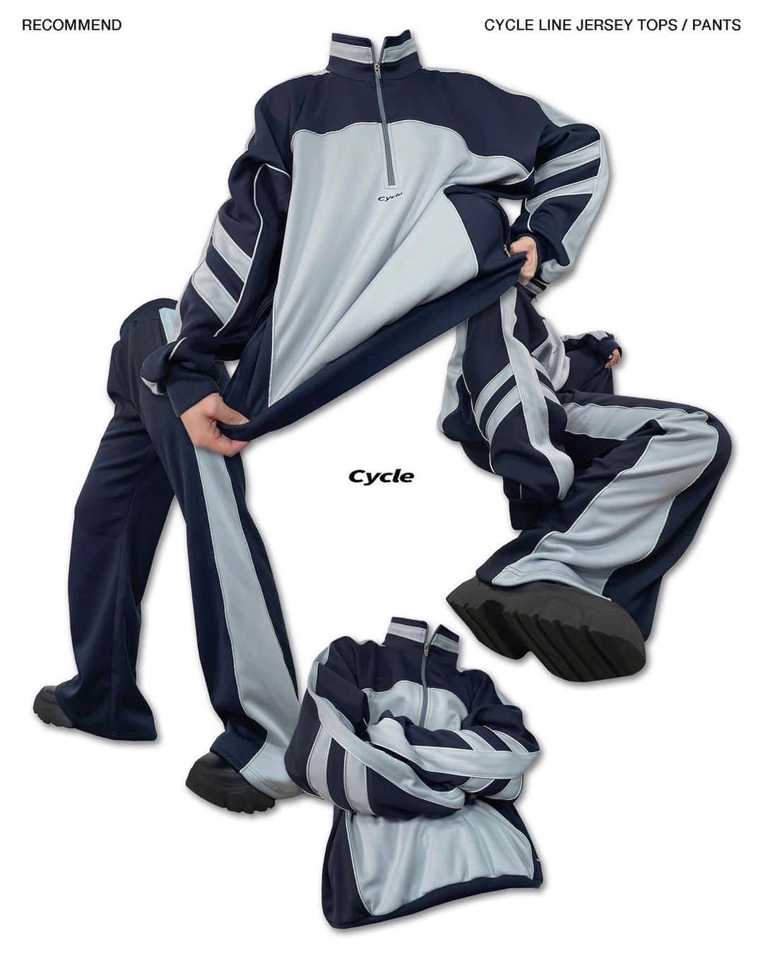 M.Y.O.Bのインスタグラム：「━━━━━━━━━  Recommend item CYCLE LINE JERSEY   TOPS / PANTS ━━━━━━━━━  AW23 Collection より、スポーティーなジャージ素材を使用したセットアップを紹介  TOPS のフロントにはロゴ刺繍を施しています  PANTS はフレアシルエットで、サイドラインの切り替えが脚長効果をもたらします  軽くて伸縮性に優れているため、快適に着こなすことが出来ます  COLORは <BROWN> <BLUE> の2色展開  是非この機会にお買い求め下さい」
