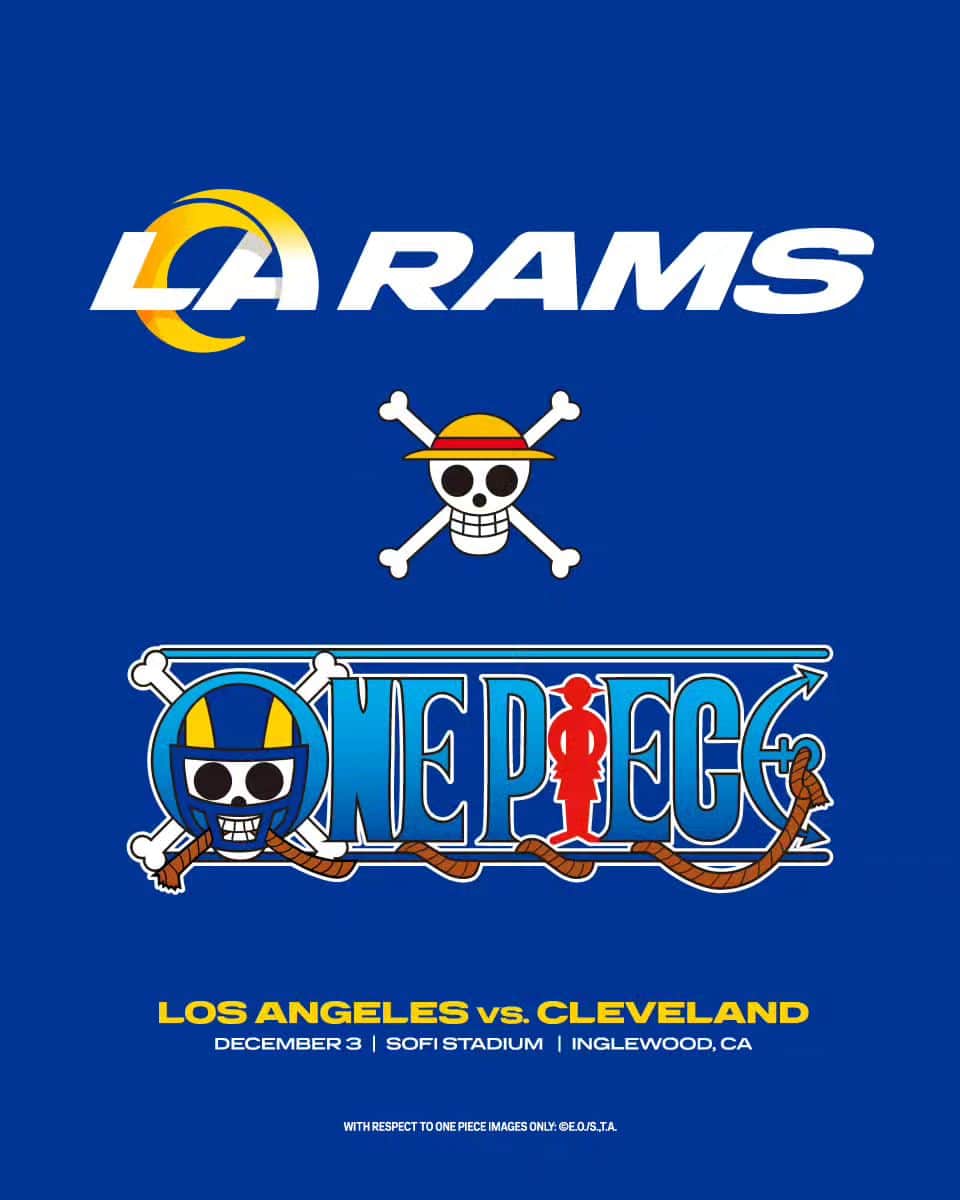 ONE PIECEスタッフ公式のインスタグラム：「【Just Announced】 #ONEPIECE and "#LosAngelesRams" will have a 1 day collaboration!  The game will be held on December 3rd 13:25(PST) at the SoFi Stadium in Los Angeles!  ▼Check here to know more about ONE PIECE! https://one-piece.com/op/links_eng/  =======================  【本日解禁】 ONE PIECE×「ロサンゼルス・ラムズ」コラボ決定！  ロサンゼルスのSofiスタジアムで一日限りの特別な試合を開催！  試合は現地時間の12月3日（日）13時25分にキックオフ！  #ONEPIECE #RamsHouse #RamsFootball #OP_globalinfo」