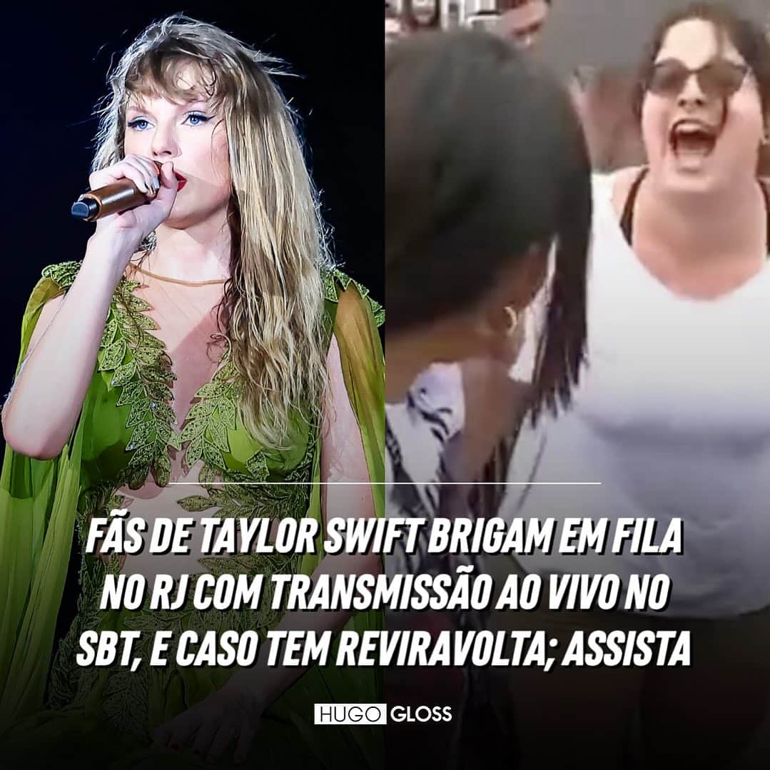 Hugo Glossのインスタグラム：「You need to calm down! Nesta segunda-feira (20), fãs de Taylor Swift se desentenderam enquanto aguardavam a abertura dos portões no Engenhão. A briga foi transmitida ao vivo pelo SBT Rio. A confusão começou quando uma jovem brasileira acusou um grupo de colombianas de furar a fila. Ela, inclusive, conseguiu pular a grade e puxar uma das meninas pelo cabelo. As jovens chegaram a ser retiradas da fila e receberam atendimento médico. A reviravolta do caso, porém, foi revelada por uma carioca icônica que também aguarda o show - com seu belo leque. 🪭 Após a repercussão, a história teve um desfecho inesperado para as colombianas.  ➡️ Vem assistir aos vídeos e saber como tudo terminou, clicando no link da bio ou no destaque "News".   (📸: Getty/ Reprodução; SBT)」