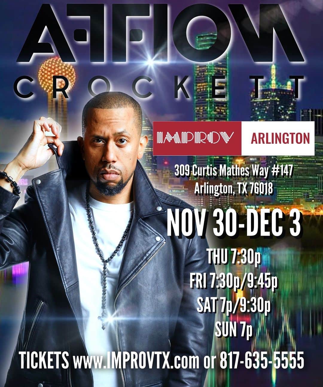 アフィオン・クロケットのインスタグラム：「DALLAS‼️ I’M BACK at ARLINGTON IMPROV NOV 30 - DEC 3‼️ BUY YOUR TICKETS NOW AT WWW.IMPROVTX.COM 🎟️🎟️🎟️」