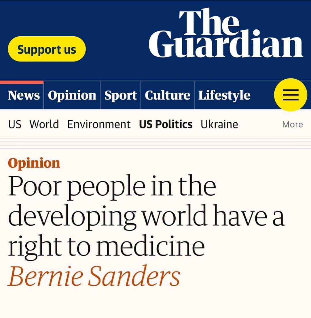 バーニー・サンダースのインスタグラム：「Here is a simple moral proposition. No one in America, or anywhere in the world, should die or suffer unnecessarily because they cannot afford the medicine they need.  https://www.theguardian.com/commentisfree/2023/nov/20/poor-people-in-the-developing-world-have-a-right-to-medicine」