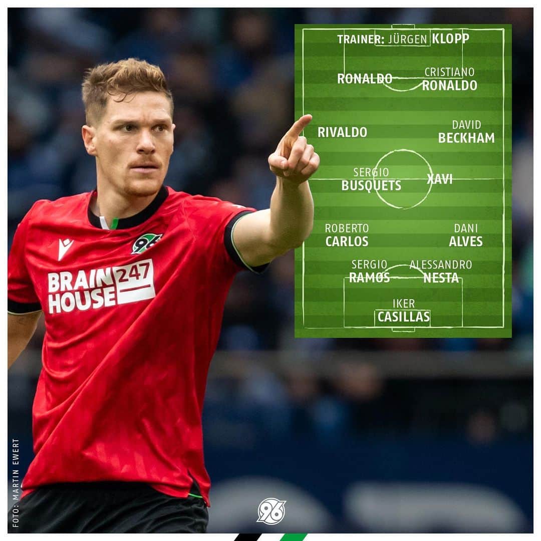 のインスタグラム：「Wen würdet Ihr aufstellen? 👀 @mhalste23 hat uns seine persönliche Traumelf verraten. 👆  #H96 #Hannover96 #NiemalsAllein ⚫️⚪️💚」