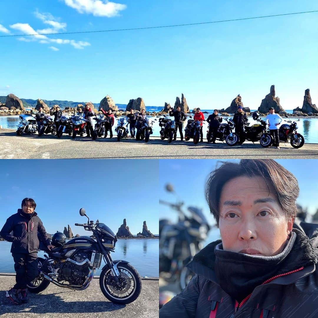 中野猛のインスタグラム：「オヤジたちの冬のツーリング編  秋とはいえ10℃を切るとバイクにはきついものがある。 しかし、オヤジたちは集まった。 そして秋の和歌山県の串本を目指した。 小雨に打たれながら走った...🥶 体感的には秋では無い。 冬だ..真冬だ🥶 昭和のオヤジの好きなワードは 「気合い」　「根性」　「我慢」 とはいえ電熱ジャケットや電熱グローブが高速道路の向かい風の寒さに歯が立たないくらい寒い。 だからこそ休憩の時に飲むコーヒーが格別に美味い☕️  　 最後に目的地の串本で見た夕日は格別に綺麗だった。 オヤジたち..今回もありがとう。 #バイクツーリング　#オヤジのバイク #Kawasaki #z900rs」