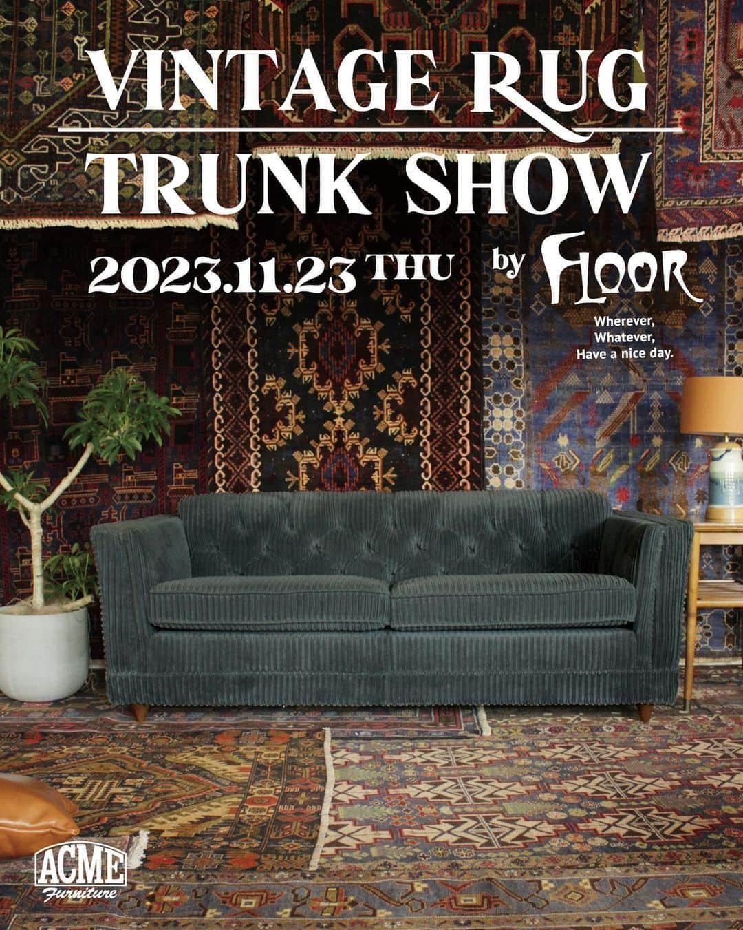 ACME Furnitureさんのインスタグラム写真 - (ACME FurnitureInstagram)「“VINTAGE RUG TRUNK SHOW” by Floor.  11.23(thu)−12.17(sun)  ACME Furniture 目黒通り店では、 恒例となってまいりました ヴィンテージラグのトランクショーを開催いたします。  11月25日(土)、26日(日)は“FLOOR “スタッフも在店予定です。 専門家によるご案内と提案をお楽しみいただけます。  寒い季節、足元はもちろん 見ているだけでも心が熱くなる一枚を見つけてみてはいかがでしょう。  @floor.tokyo  @floor_tokyo  @acme_furniture   Contact:ACME Furniture MEGURO St. TEL:03-5720-1071 Email:acme-jsf@baycrews.co.jp   #acmefurniture #vintagefurniture #tribalrug #vintagerug」11月20日 17時30分 - acme_furniture