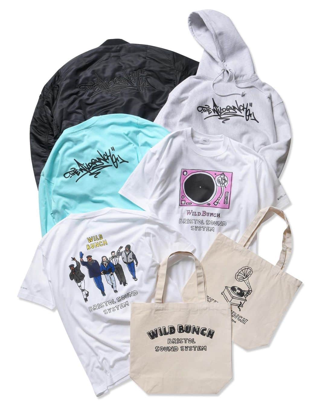 ソフのインスタグラム：「“SOPH. × WILD BUNCH 40TH ANNIVERSARY COLLECTION" RELEASE on NOVEMBER 23 (THU)  SOPH.に欠かすことのできないルーツの一つであり、世界中の音楽カルチャーに大きなインパクトを与えたWILD BUNCHが今年40周年を迎えました。  これを記念し、WILD BUNCHと関係の深かったBrim(Tats Cru)による当時のタギングを落とし込んだアイテムと、”Naijel Graph"が手掛けたグラフィックによるアイテムを展開。MA-1やスウェットフーディ、トートバッグなど、バラエティ豊かなラインナップです。  11/23(木)より、SOPH.shopにて、同日正午よりSOPH. ONLINE STOREにて発売。  *入荷状況、販売方法は店舗によって異なりますので、詳細は各店舗までお問い合わせください。 *SOPH.shopでの通販につきましては、11/24(金)からとなります。  WILD BUNCH, one of the indispensable roots of SOPH. and a major impact on music culture worldwide, celebrates its 40th anniversary this year.  To commemorate this anniversary, items incorporating tagging from that time by Brim (Tats Cru), who had a close relationship with WILD BUNCH, and graphics by "Naijel Graph" have been developed. The lineup is rich in variety, including MA-1s, sweatshirt hoodies, tote bags, and more.  Available at SOPH.shops from 11/23(Thu), and SOPH. ONLINE STORE from 12:00pm(JST) on the same day.  *Please contact each store for details as the availability and sales method differ depending on the store. *As for the mail order at SOPH.shops, it starts from 11/24(Fri).  www.soph.net . #WildBunch #TheWildBunch #DjMilo #DaddyG #NelleeHooper #3D #WillieWee  #Brim #TatsCru #NaijelGraph  #SOPHxWildBunch #SOPHxTheWildBunch #SOPH   @wild_bunch_bristol @macandal61 @daddygofficial @nelleehooper1 @robert3delnaja @brim1tatscru @naijelgraph」