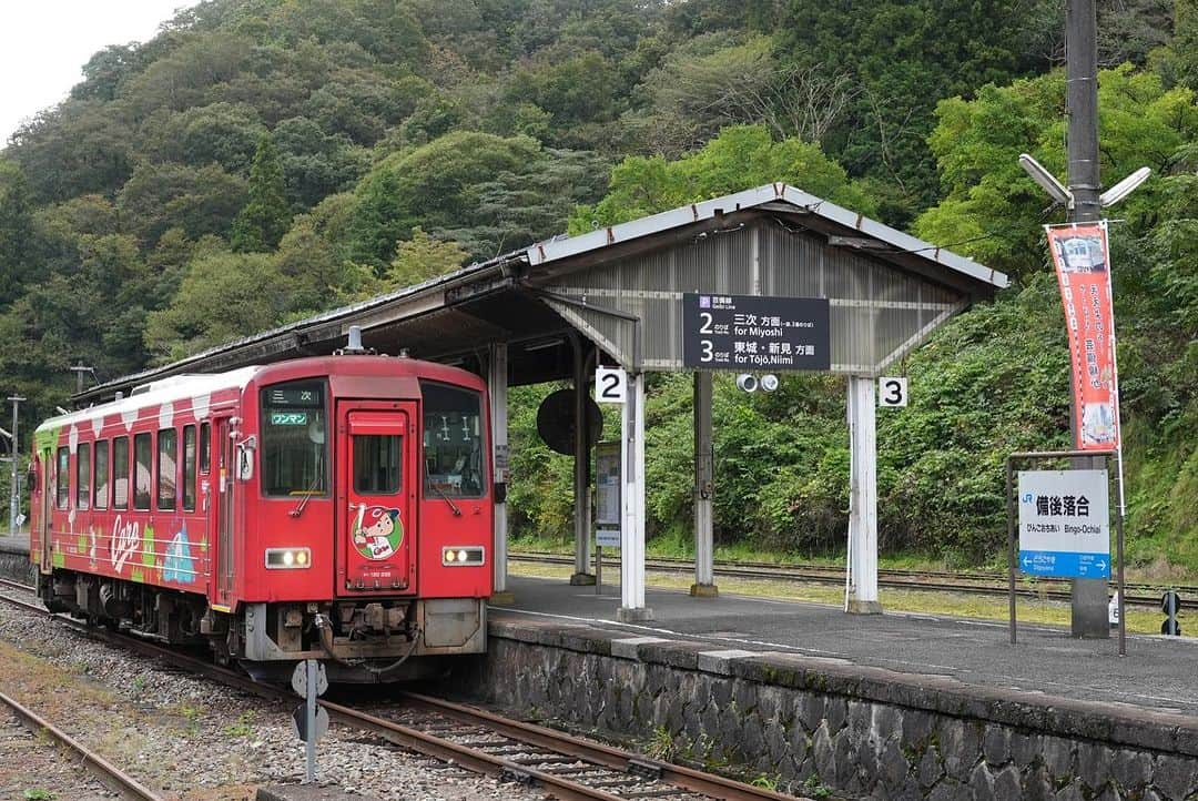 伊藤桃さんのインスタグラム写真 - (伊藤桃Instagram)「【#備後落合駅 】 油木駅から#木次線 に乗車して、再び備後落合駅に来た伊藤。 訪れたら朝9時台は備後落合駅に列車が落ち合う時間🚞 2枚目: 私が乗車してきた木次線の列車も折り返していき… ちなみに#キハ120 1！！ 3枚目: そして#カープ ラッピングのキハ120も芸備線三次方面へと向かって走っていきました。 * ここから次の列車の発車は約4時間。 こんなに長く備後落合駅に居られたことはない喜び🥰 まずはざっと駅のご紹介🥺‼️ * 4枚目: このレトロな表記がよき。駅外観！ 5枚目: 上に煙突があるのが分かるでしょうか？ この備後落合駅は…かつては有人駅、それも100人以上の方が働く大きな駅だったのです。 6枚目: 今は無人駅。でも、待合室には木次線、芸備線、そして備後落合駅にまつわる展示がなされていました。 本やかつての新聞記事、そして写真などもあり見ているだけでも時間があつまとゆーま！ * 7枚目: ホームにもいってみましょう。 8枚目: 備後落合駅には蒸気機関車もきていました。 転車台、そして苔むした給炭所がその名残… * 9枚目: 芸備線ホームは島式。 その奥にも 10枚目: 待合所があります。 同じくおろち待ちの方かな？すやすや仮眠していたのが印象的でした。笑 * つぎは…この備後落合駅を愛する人たちのおはなし。 みてねー！💛 #芸備線 #秘境駅 #ぶらり途中下車の旅 #駅 #レトロ駅」11月20日 19時37分 - itomomo_tetsu